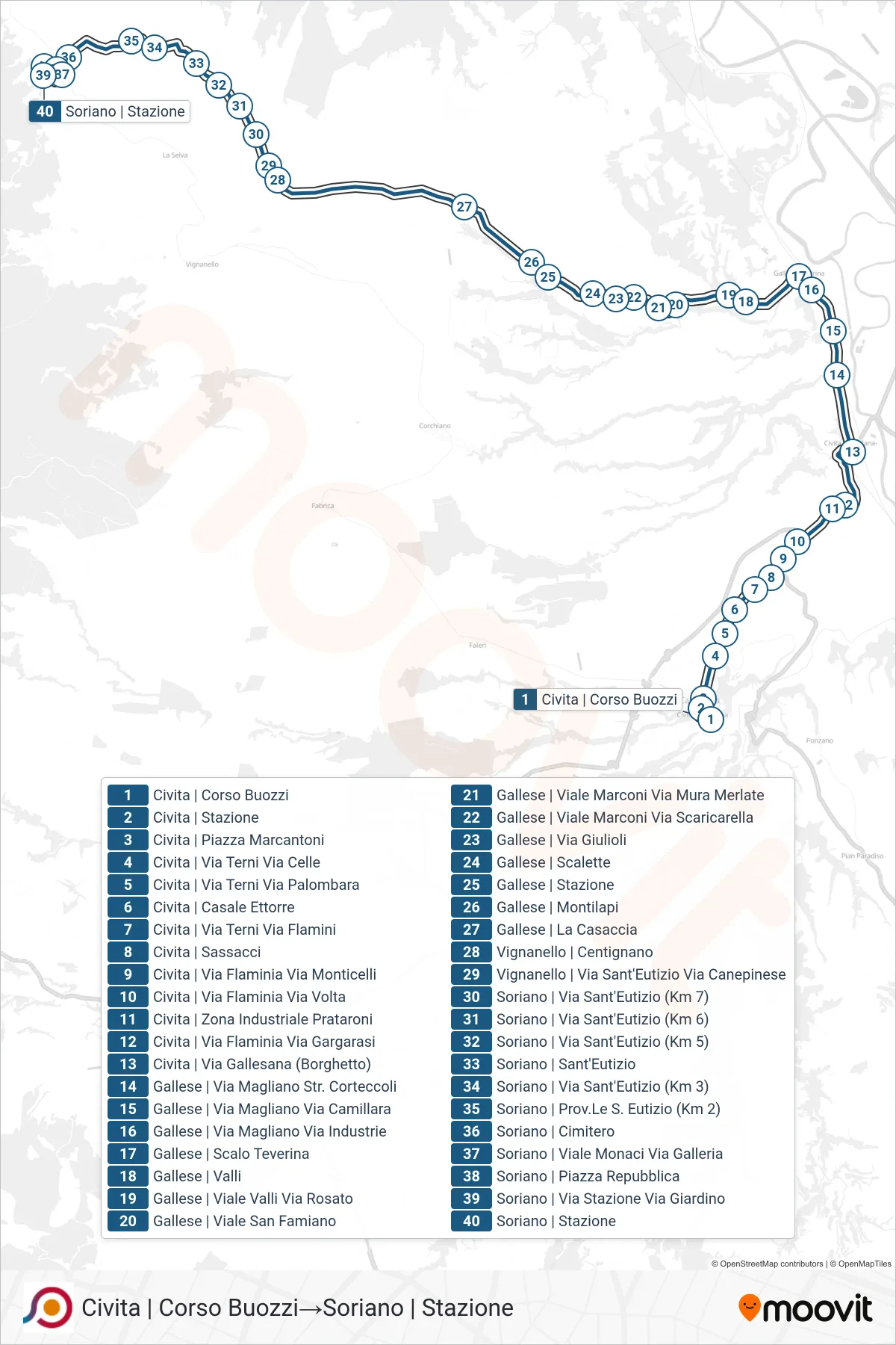 Linea COTRAL bus (Civita | Corso Buozzi→Soriano | Stazione) - Percorsi e fermate sulla mappa