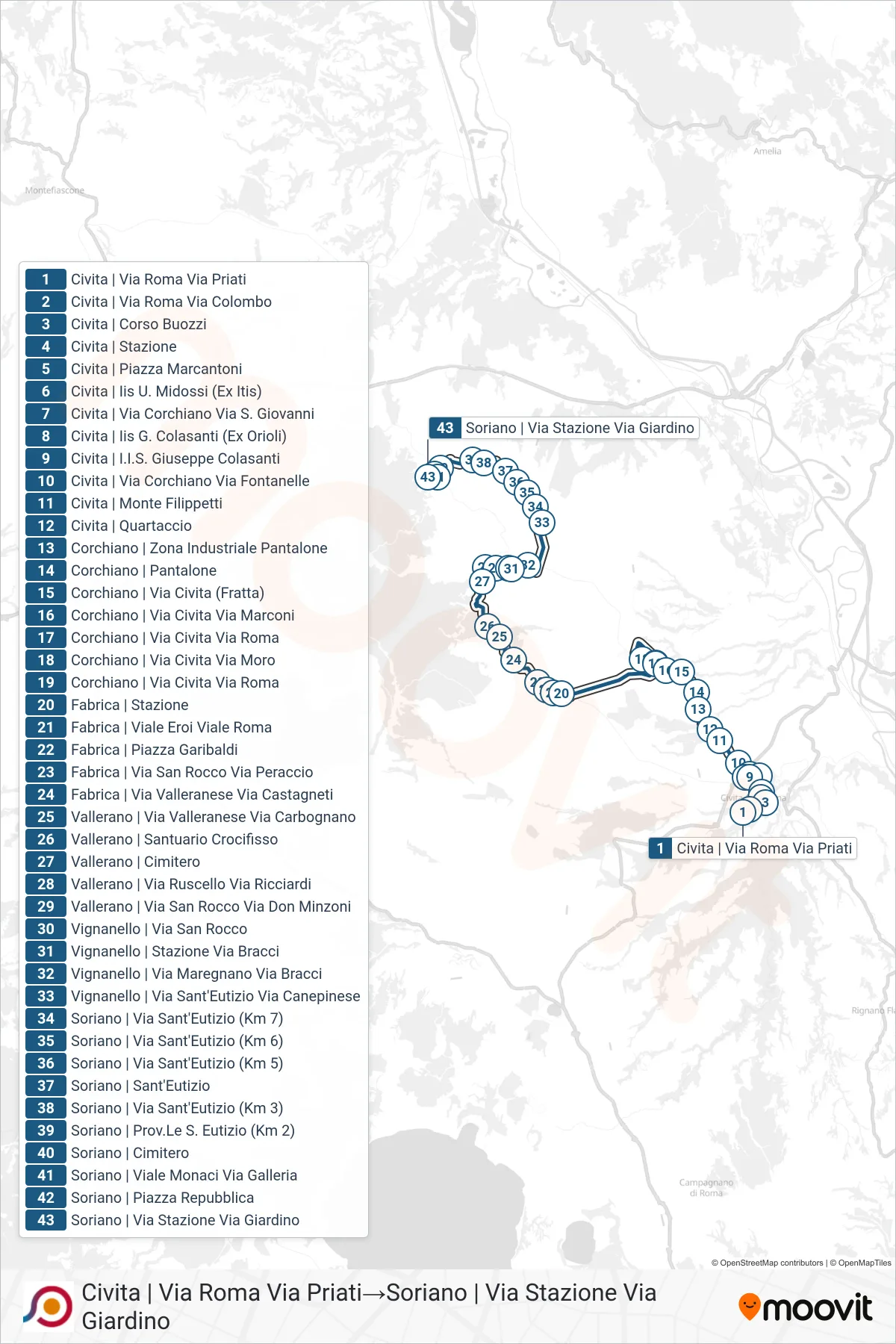 Linea COTRAL  bus (Civita | Via Roma Via Priati‎→Soriano | Via Stazione Via Giardino) - Percorsi e fermate sulla mappa