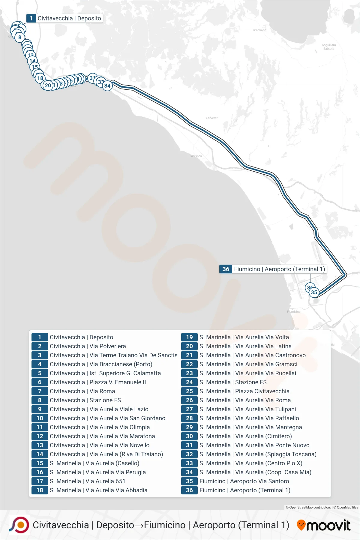 Linea COTRAL bus (Civitavecchia | Deposito→Fiumicino | Aeroporto (Terminal 1)) - Percorsi e fermate sulla mappa