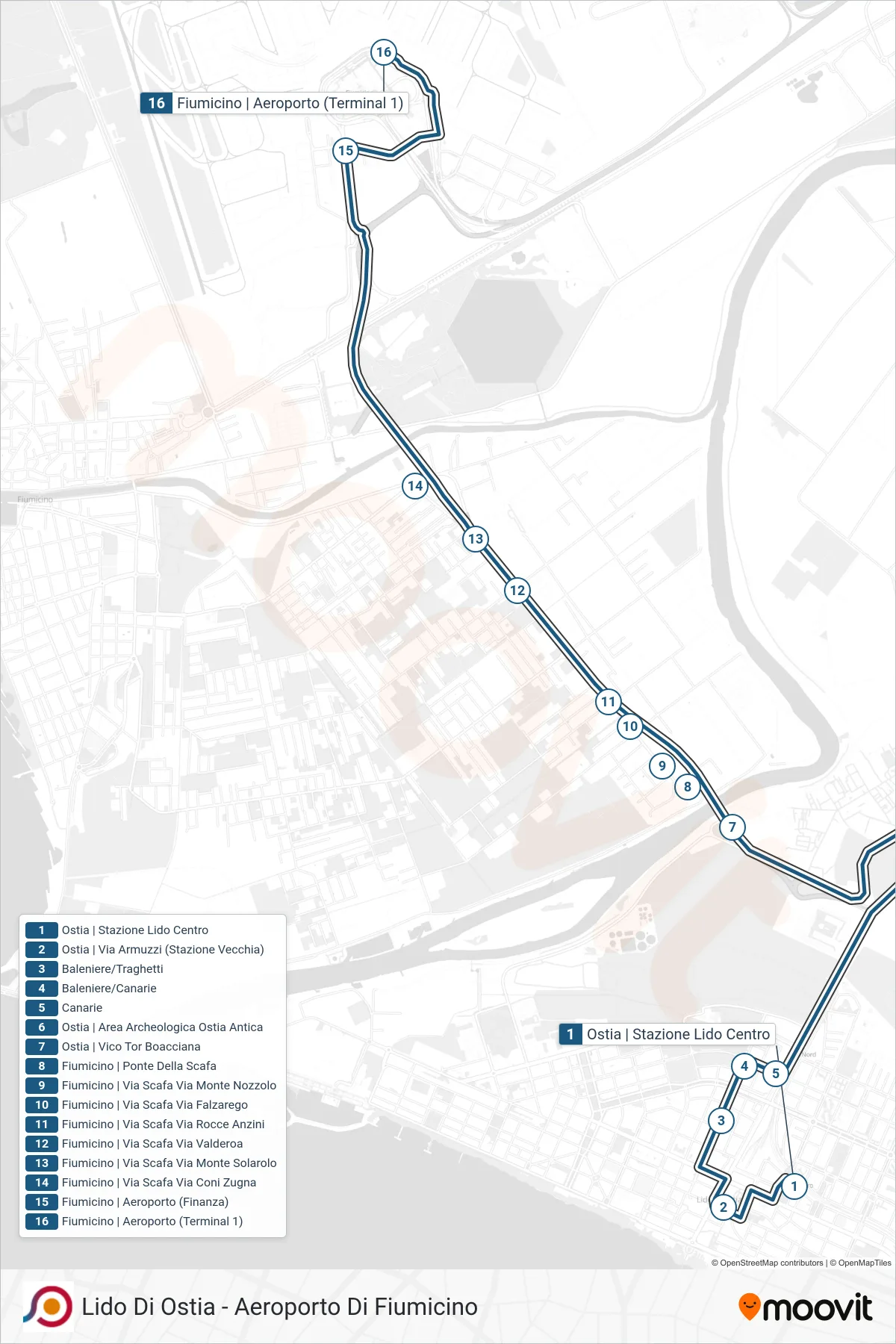 Linea COTRAL bus (Ostia | Stazione Lido Centro→Fiumicino | Aeroporto (Terminal 1)) - Percorsi e fermate sulla mappa
