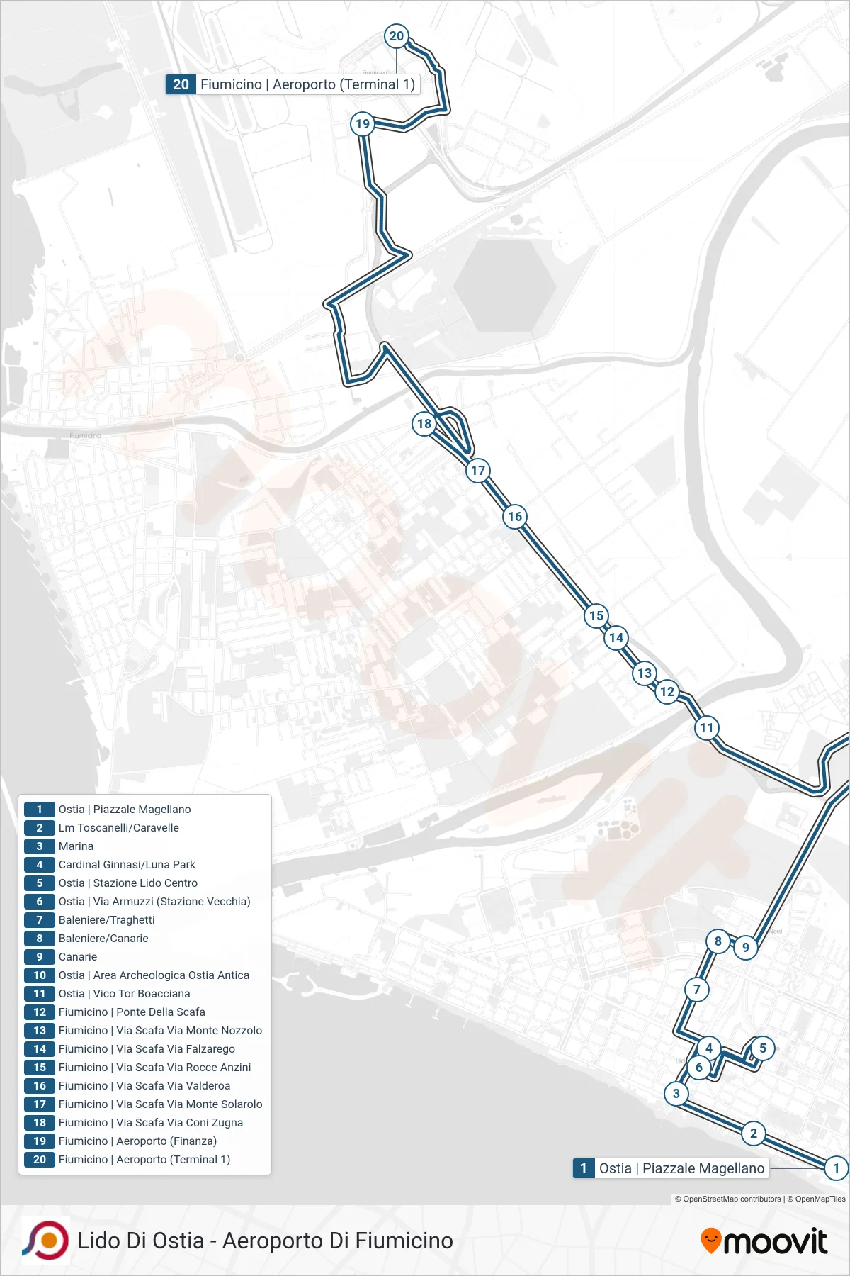 Linea COTRAL  bus (Ostia | Piazzale Magellano‎→Fiumicino | Aeroporto (Terminal 1)) - Percorsi e fermate sulla mappa