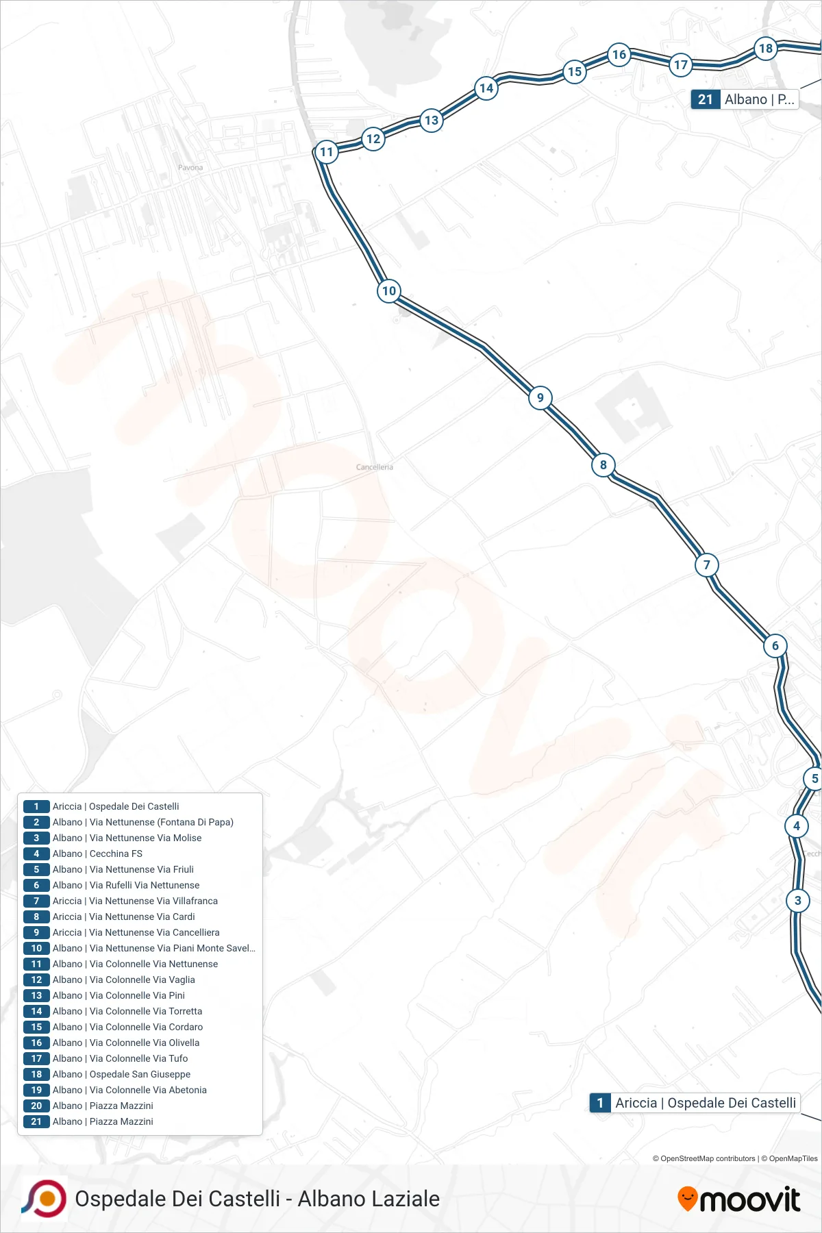 Linea COTRAL bus (Ariccia | Ospedale Dei Castelli→Albano | Piazza Mazzini) - Percorsi e fermate sulla mappa