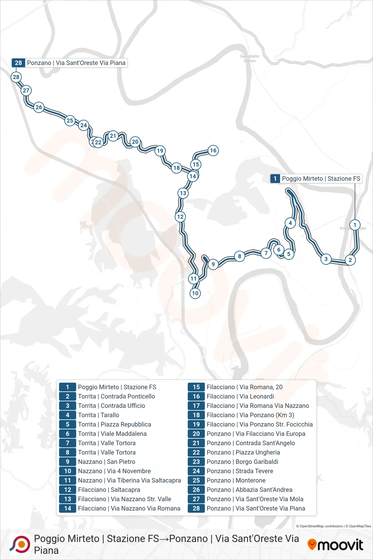 Linea COTRAL bus (Poggio Mirteto | Stazione FS→Ponzano | Via Sant'Oreste Via Piana) - Percorsi e fermate sulla mappa