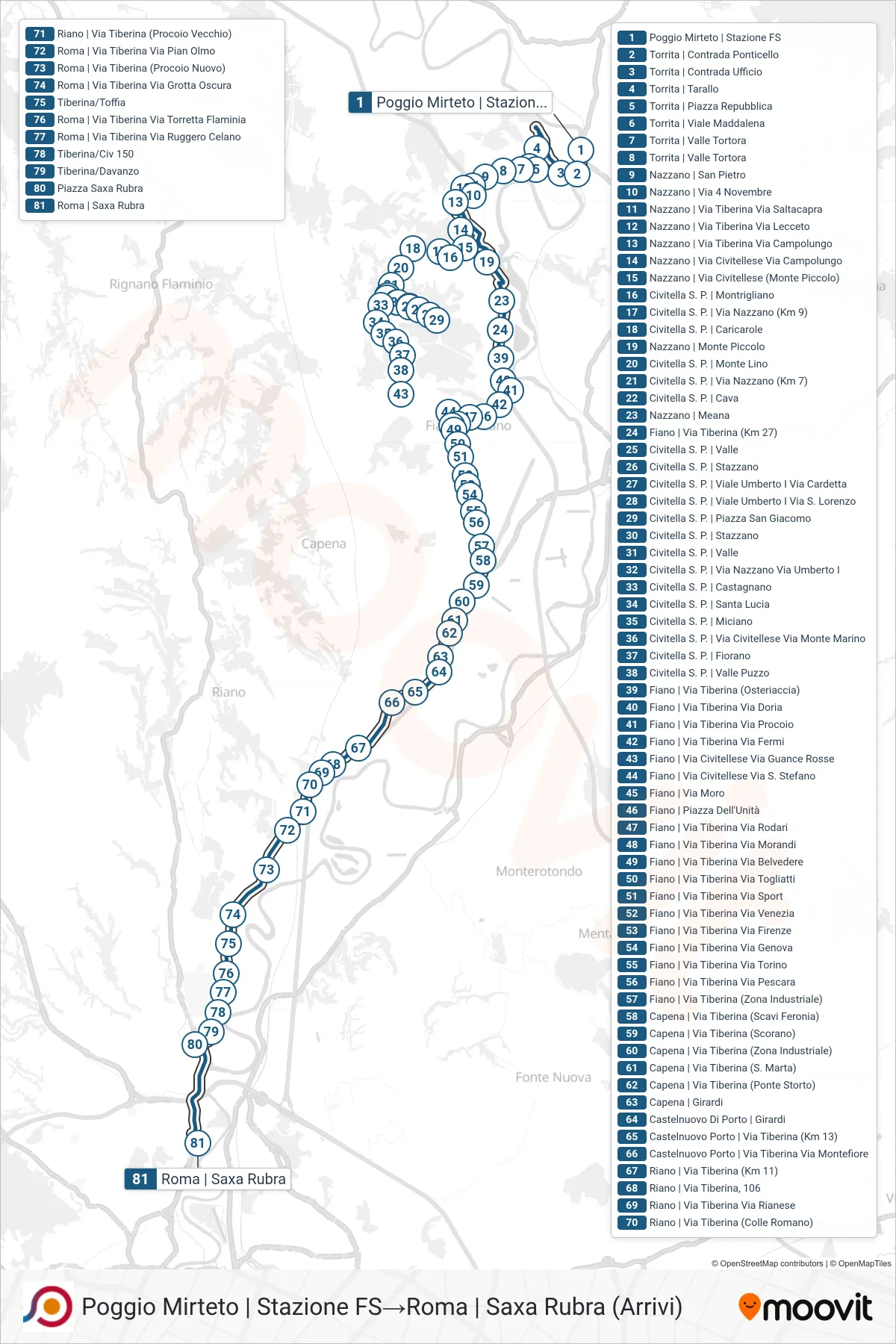 Linea COTRAL bus (Poggio Mirteto | Stazione FS→Roma | Saxa Rubra (Arrivi)) - Percorsi e fermate sulla mappa