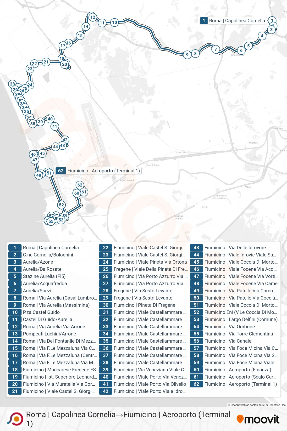 Linea COTRAL bus (Roma | Capolinea Cornelia→Fiumicino | Aeroporto (Terminal 1)) - Percorsi e fermate sulla mappa