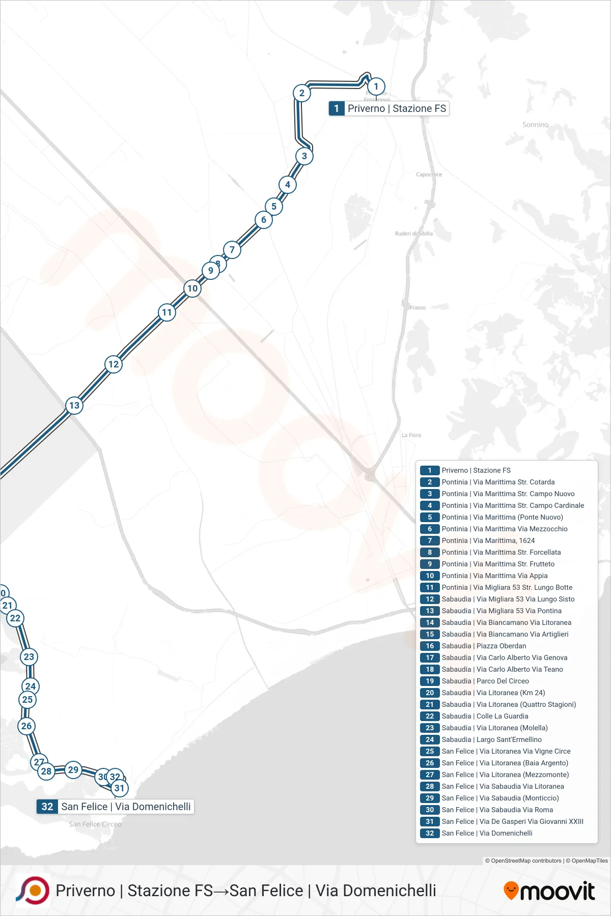 Linea COTRAL  bus (Priverno | Stazione FS‎→San Felice | Via Domenichelli) - Percorsi e fermate sulla mappa