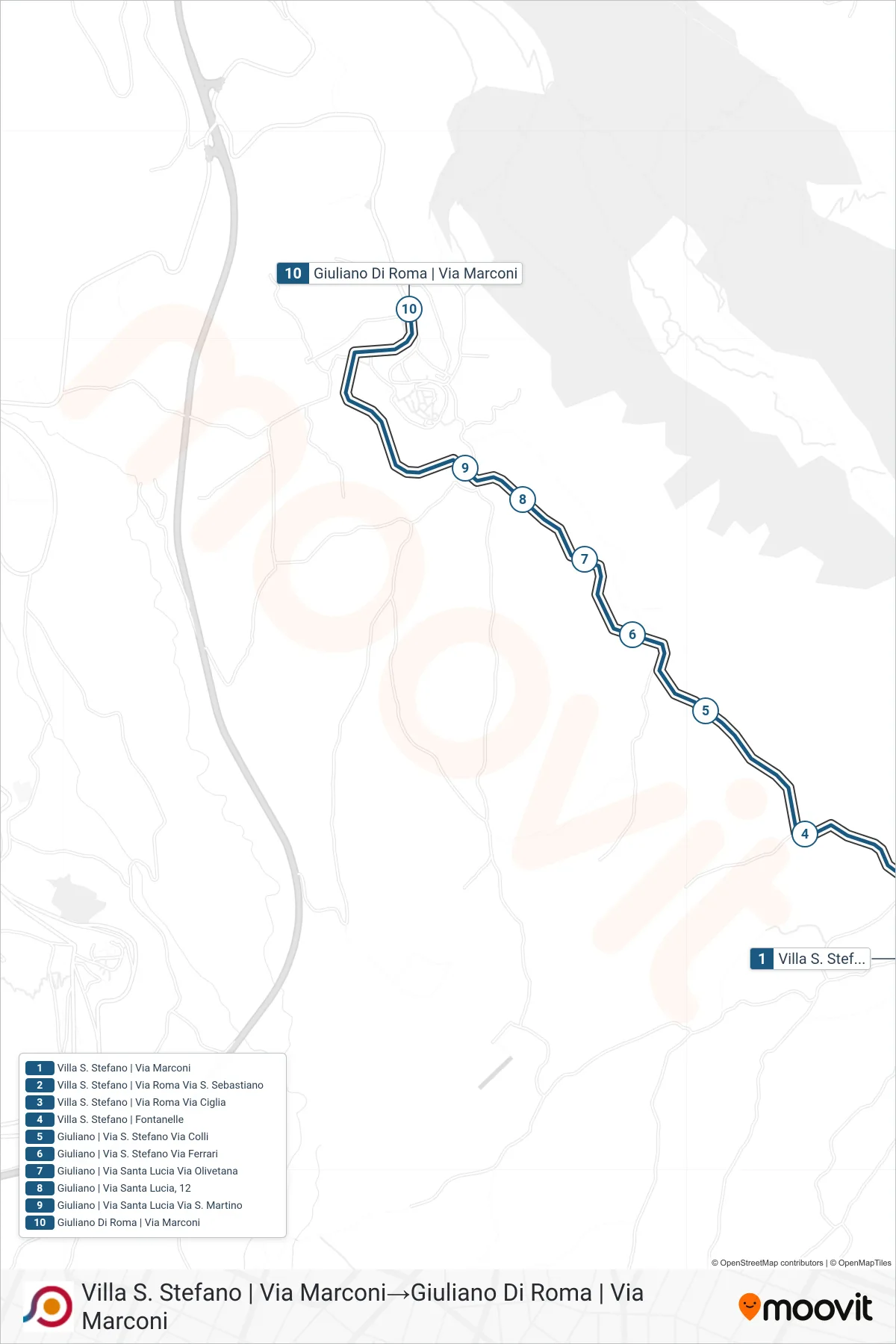 Linea COTRAL bus (Villa S. Stefano | Via Marconi→Giuliano Di Roma | Via Marconi) - Percorsi e fermate sulla mappa
