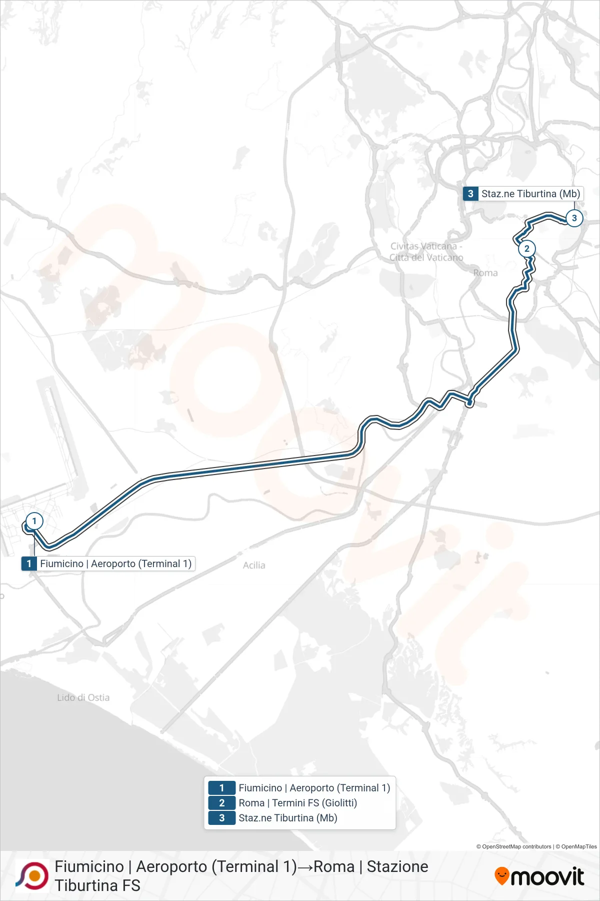 Linea COTRAL  bus (Fiumicino | Aeroporto (Terminal 1)‎→Roma | Stazione Tiburtina FS) - Percorsi e fermate sulla mappa
