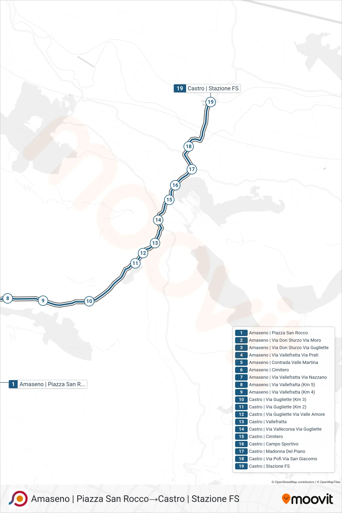 Linea COTRAL bus (Amaseno | Piazza San Rocco→Castro | Stazione FS) - Percorsi e fermate sulla mappa