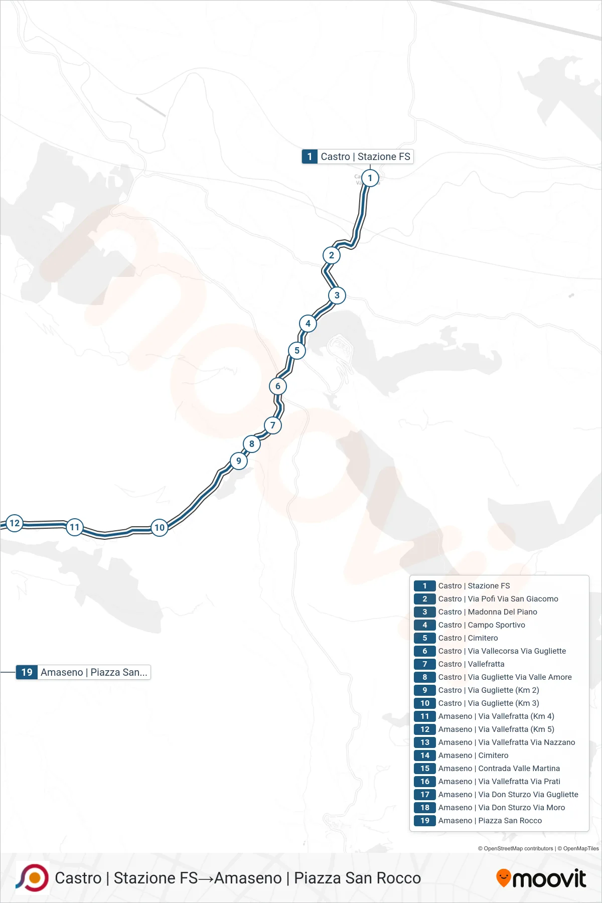 Linea COTRAL  bus (Castro | Stazione FS‎→Amaseno | Piazza San Rocco) - Percorsi e fermate sulla mappa
