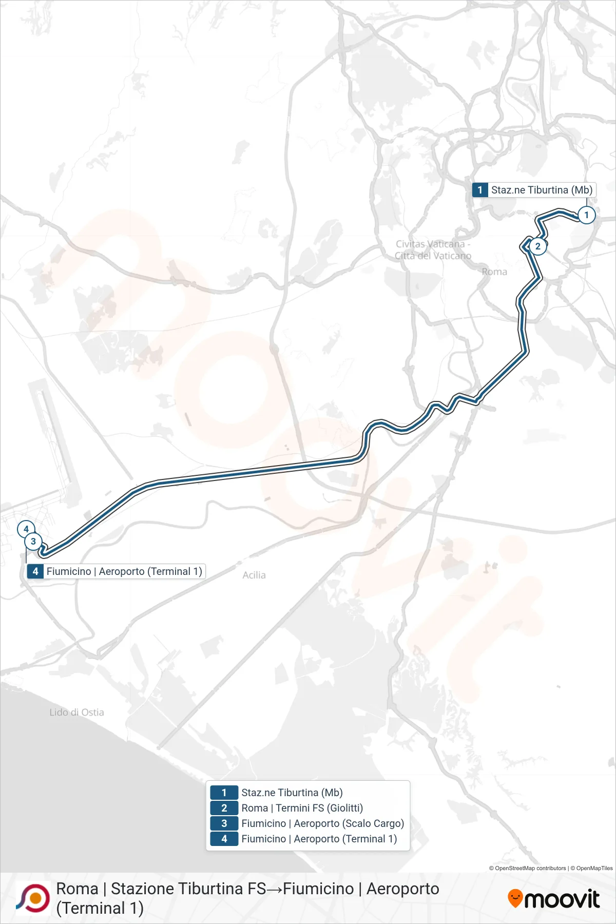 COTRAL bus Line (Rome | Tiburtina Railway Station→Fiumicino | Airport (Terminal 1)) route and stops on a map