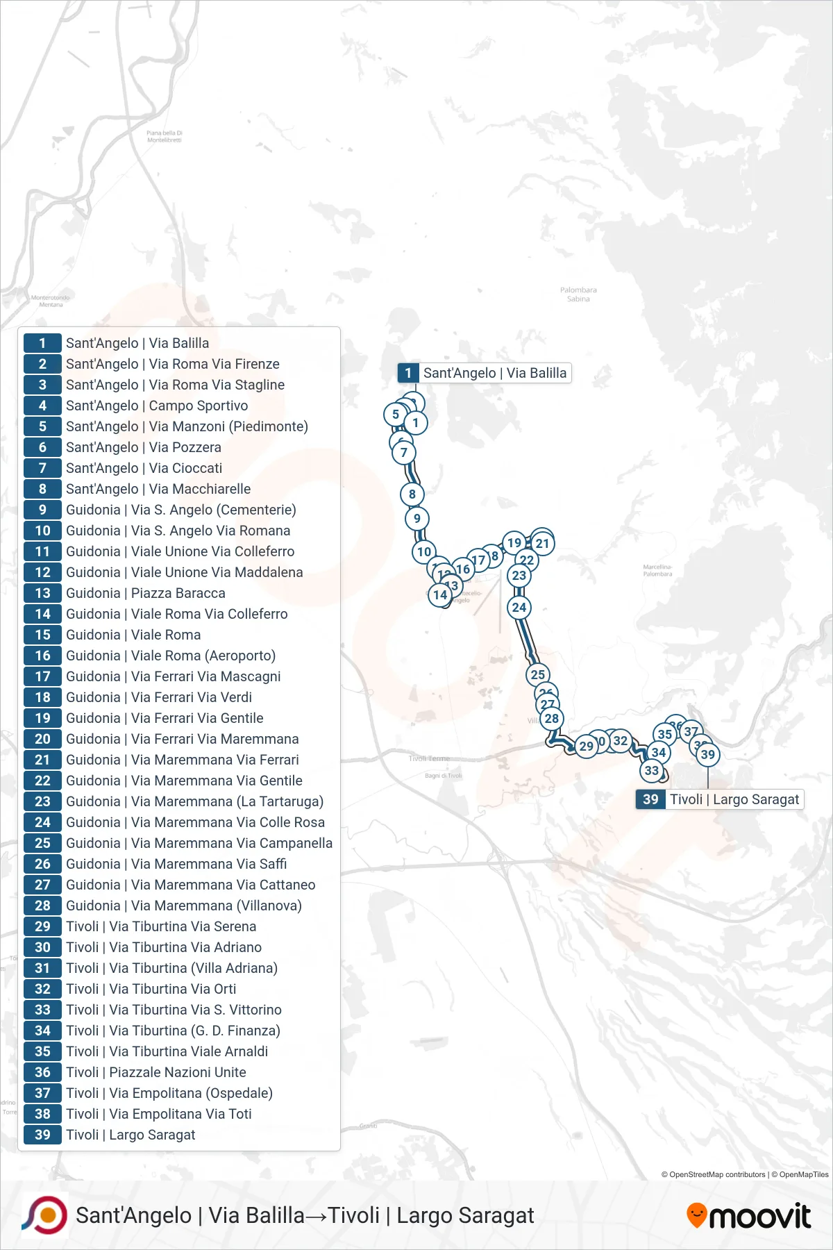 COTRAL bus Line (Sant'Angelo Via Balilla→Tivoli via Largo Saragat) route and stops on a map