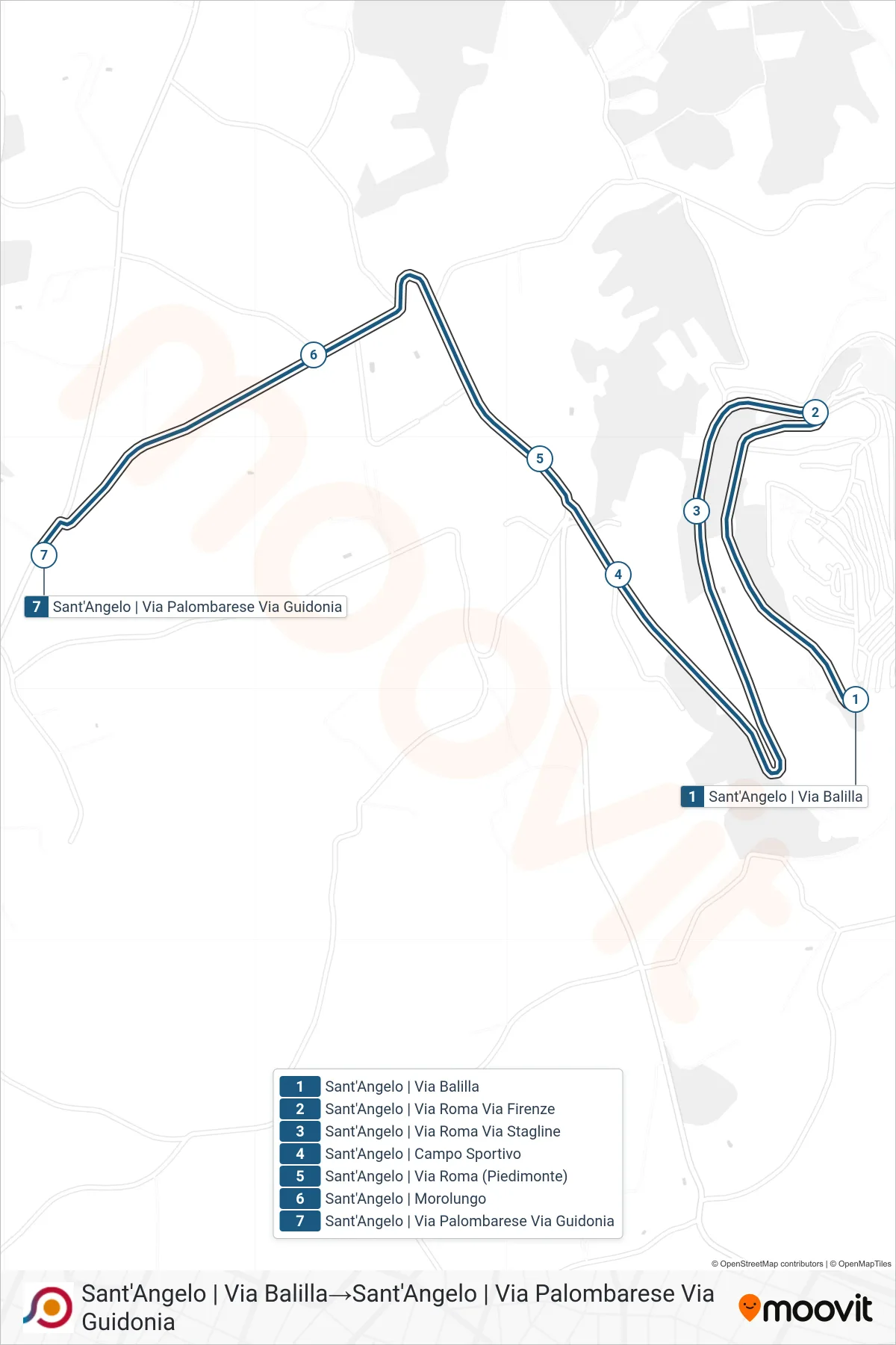 Linea COTRAL  bus (Sant'Angelo | Via Balilla‎→Sant'Angelo | Via Palombarese Via Guidonia) - Percorsi e fermate sulla mappa