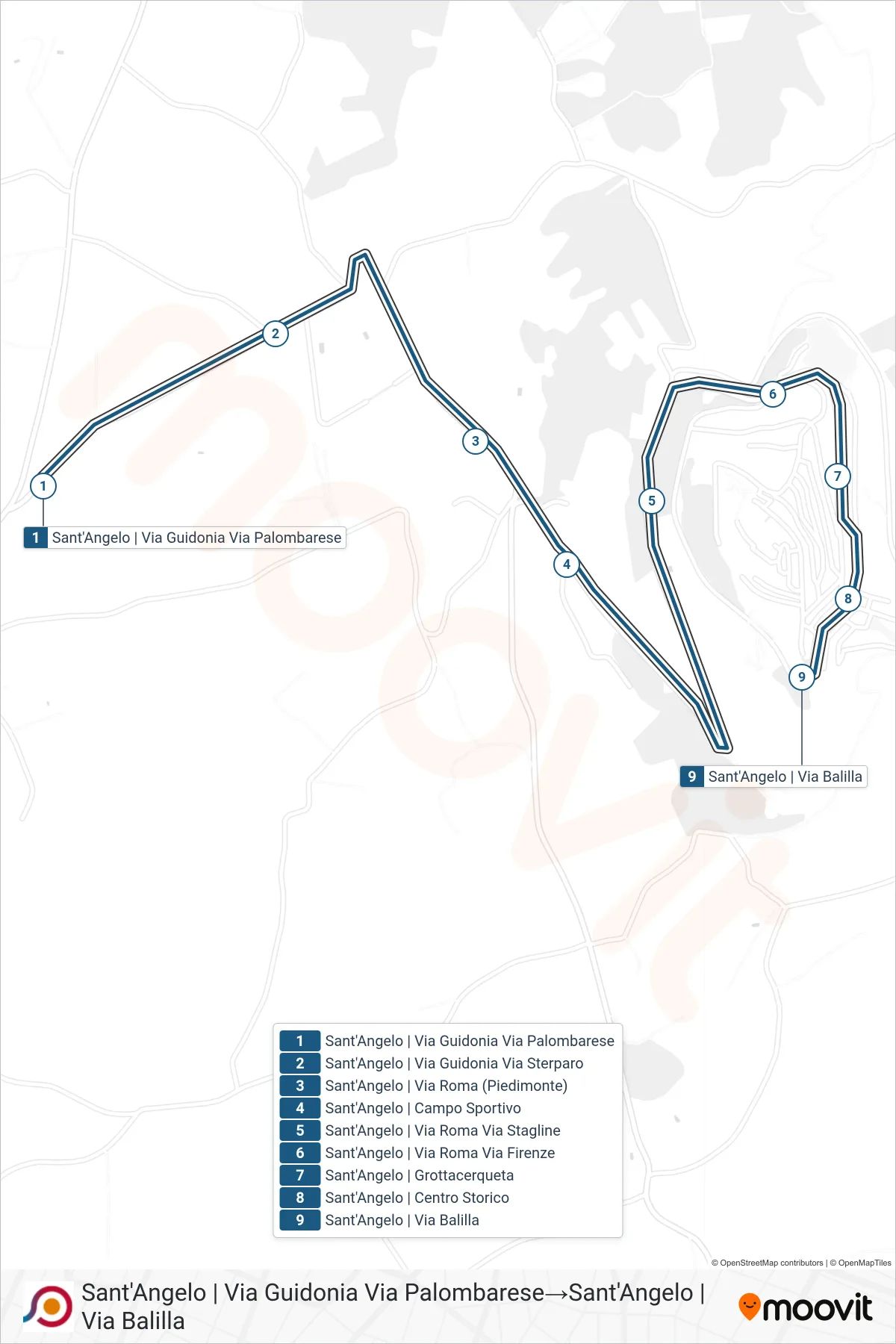 Linea COTRAL bus (Sant'Angelo | Via Guidonia Via Palombarese→Sant'Angelo | Via Balilla) - Percorsi e fermate sulla mappa