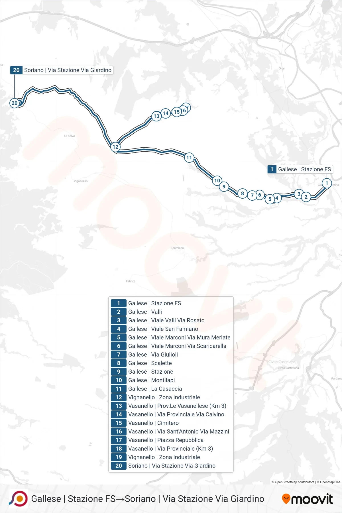 Linea COTRAL bus (Gallese | Stazione FS→Soriano | Via Stazione Via Giardino) - Percorsi e fermate sulla mappa
