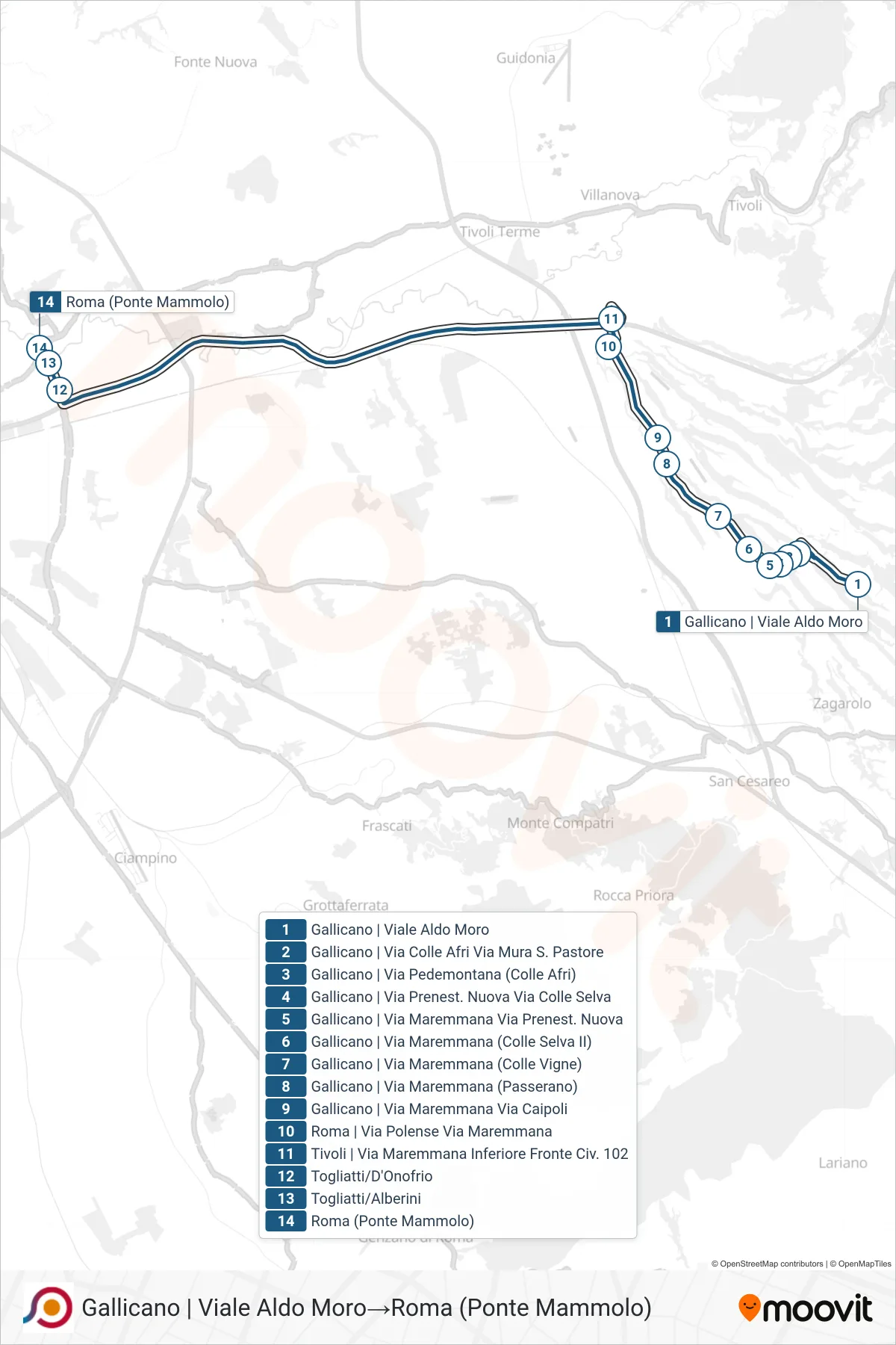 Linea COTRAL bus (Gallicano | Viale Aldo Moro→Roma (Ponte Mammolo)) - Percorsi e fermate sulla mappa