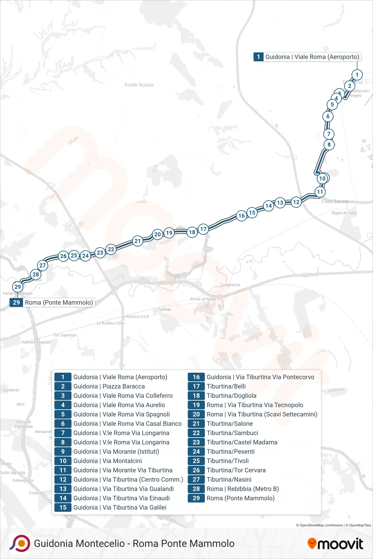 Linea COTRAL  bus (Guidonia | Viale Roma (Aeroporto)‎→Roma (Ponte Mammolo)) - Percorsi e fermate sulla mappa