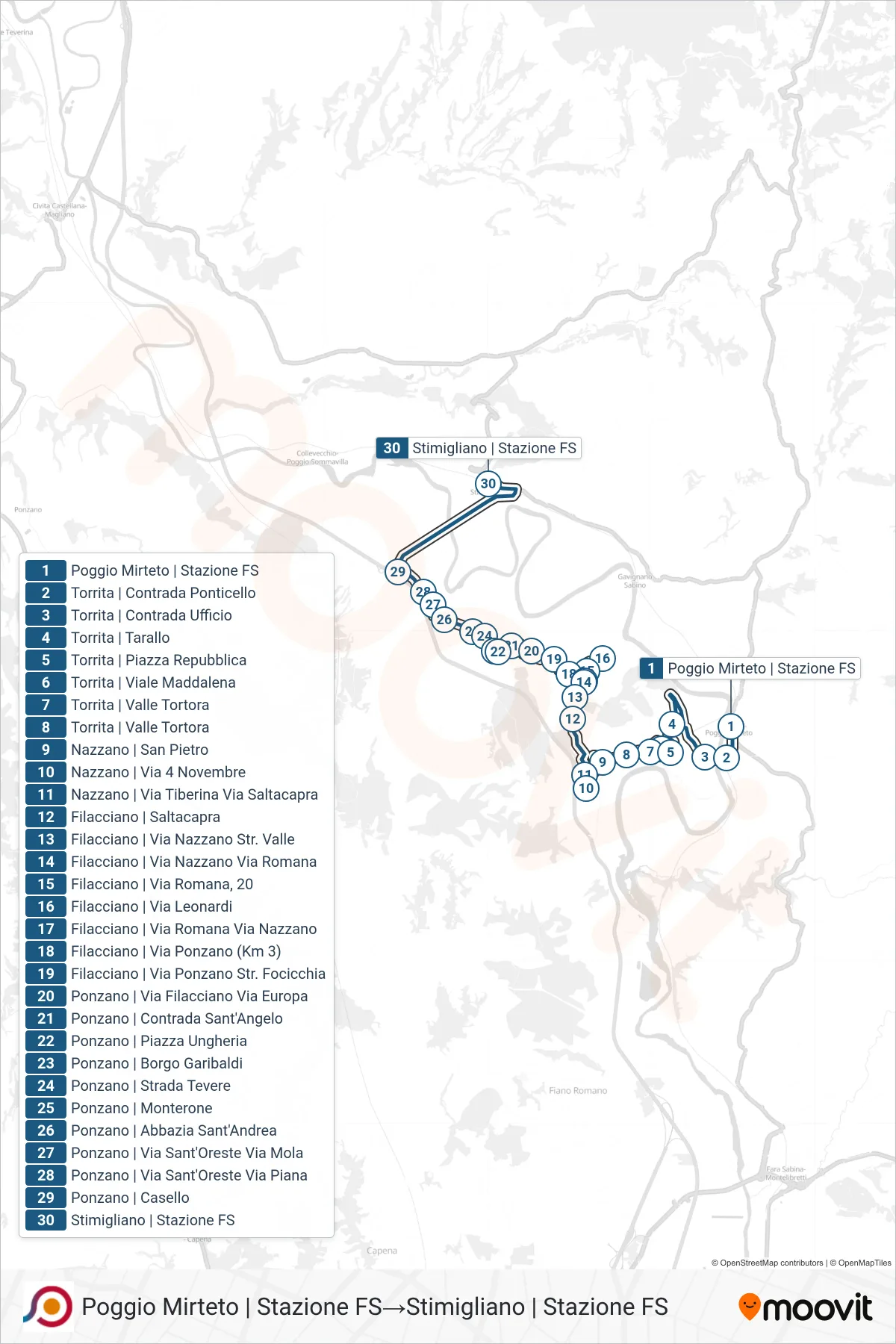 Linea COTRAL bus (Poggio Mirteto | Stazione FS→Stimigliano | Stazione FS) - Percorsi e fermate sulla mappa