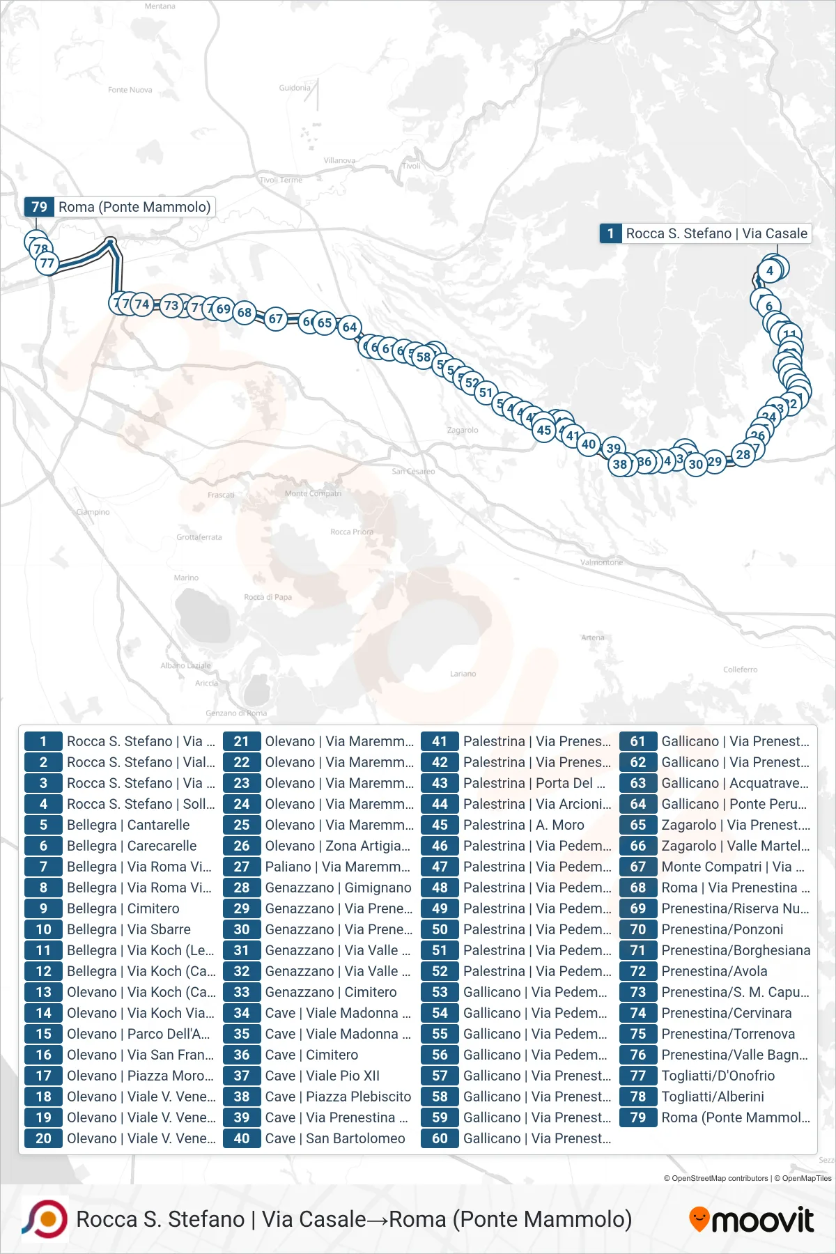 Linea COTRAL bus (Rocca S. Stefano | Via Casale→Roma (Ponte Mammolo)) - Percorsi e fermate sulla mappa