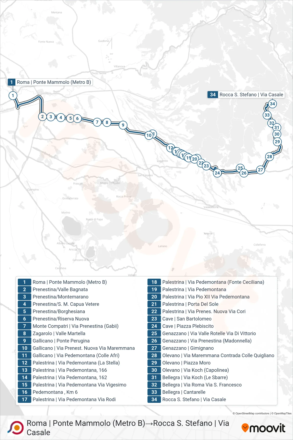 Linea COTRAL bus (Roma | Ponte Mammolo (Metro B)→Rocca S. Stefano | Via Casale) - Percorsi e fermate sulla mappa
