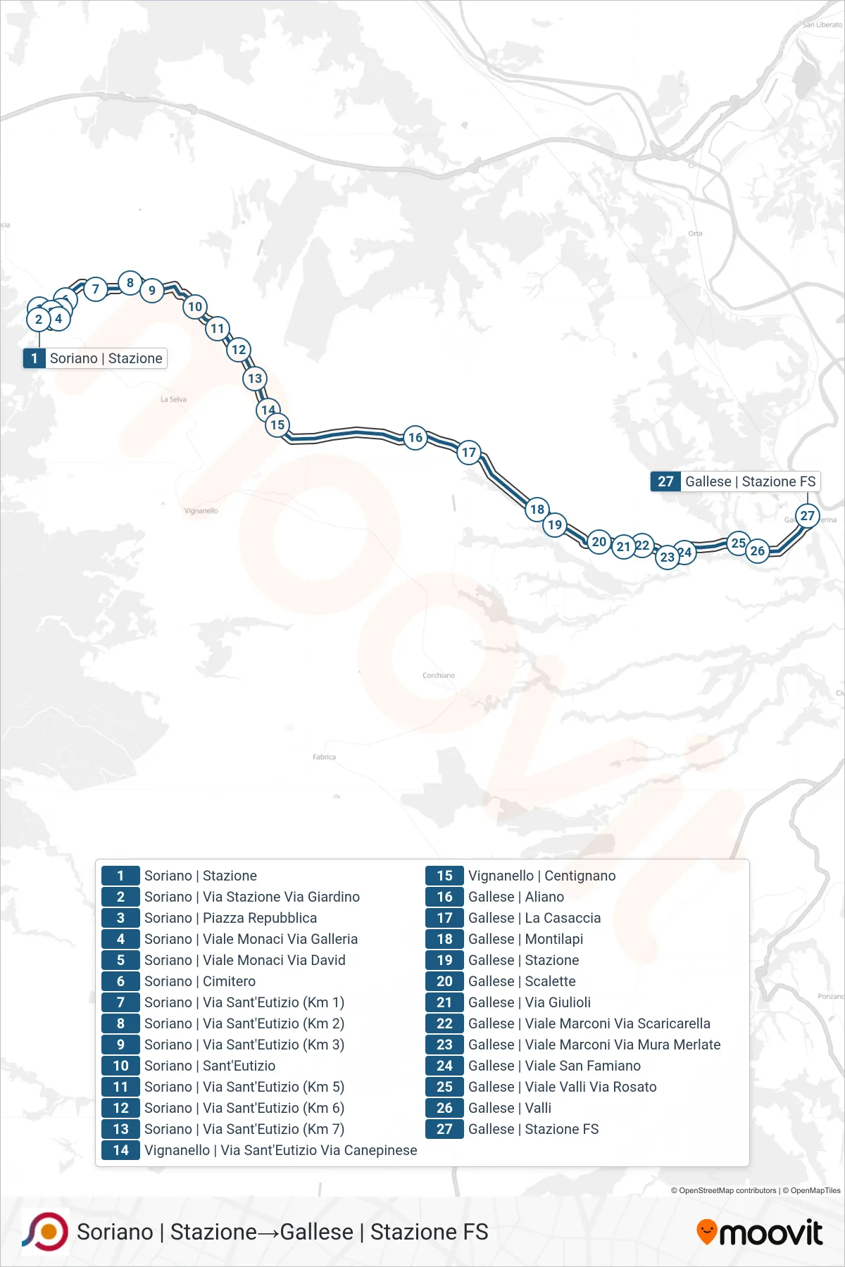 Linea COTRAL bus (Soriano | Stazione→Gallese | Stazione FS) - Percorsi e fermate sulla mappa