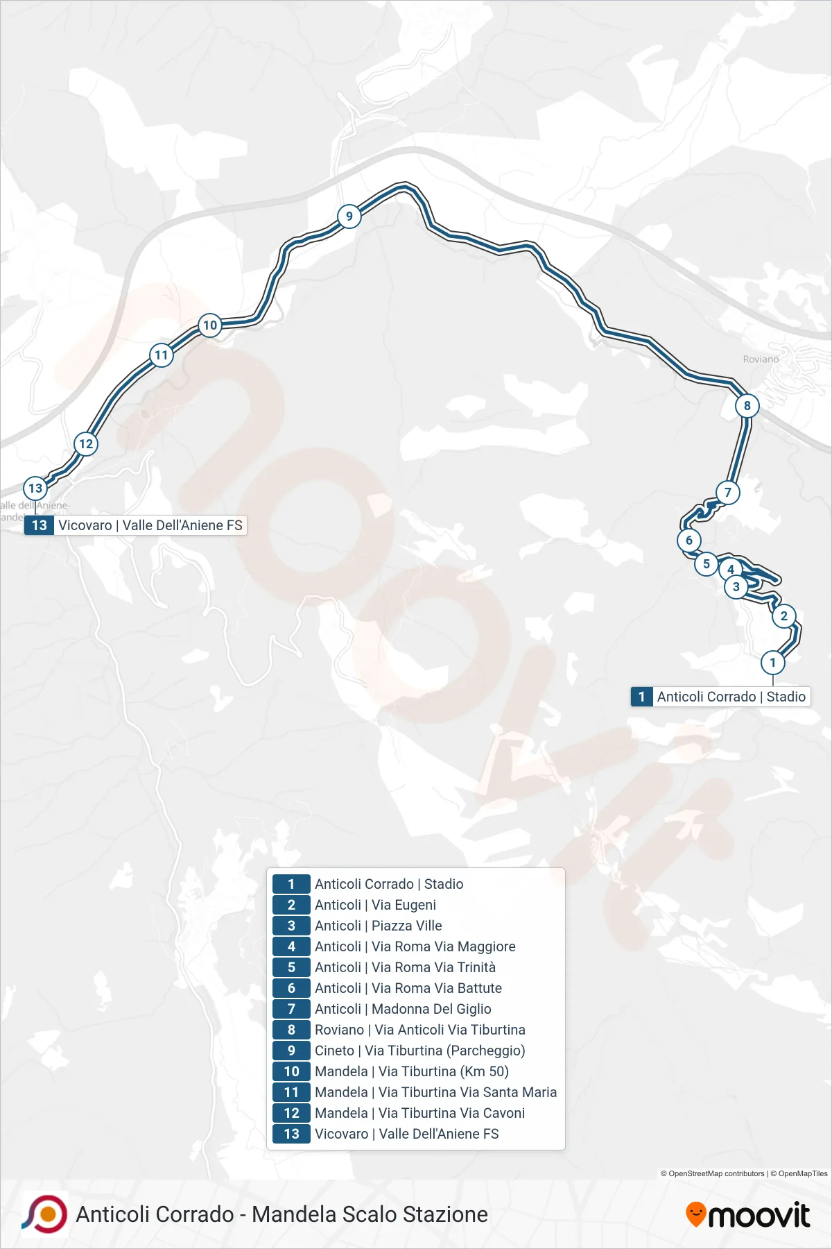 Linea COTRAL bus (Anticoli Corrado | Stadio→Vicovaro | Valle Dell'Aniene FS) - Percorsi e fermate sulla mappa