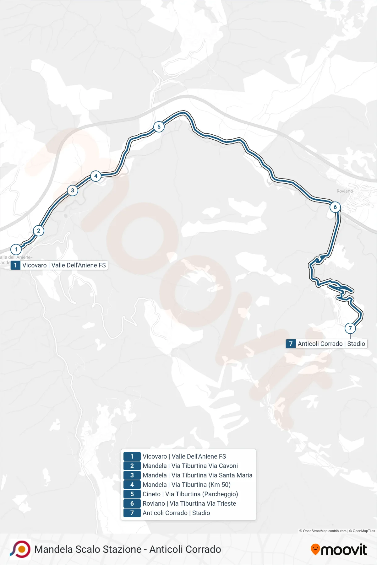 Linea COTRAL bus (Vicovaro | Valle Dell'Aniene FS→Anticoli Corrado | Stadio) - Percorsi e fermate sulla mappa
