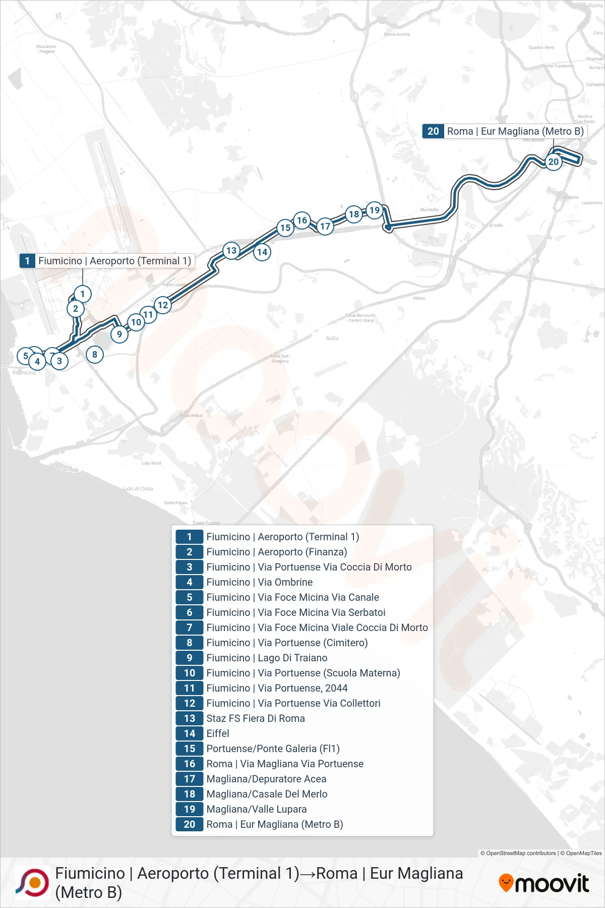 Linea COTRAL bus (Fiumicino | Aeroporto (Terminal 1)→Roma | Eur Magliana (Metro B)) - Percorsi e fermate sulla mappa