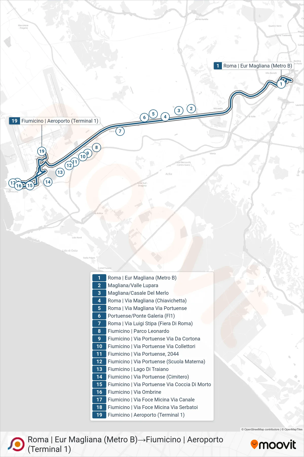 Linea COTRAL bus (Roma | Eur Magliana (Metro B)→Fiumicino | Aeroporto (Terminal 1)) - Percorsi e fermate sulla mappa