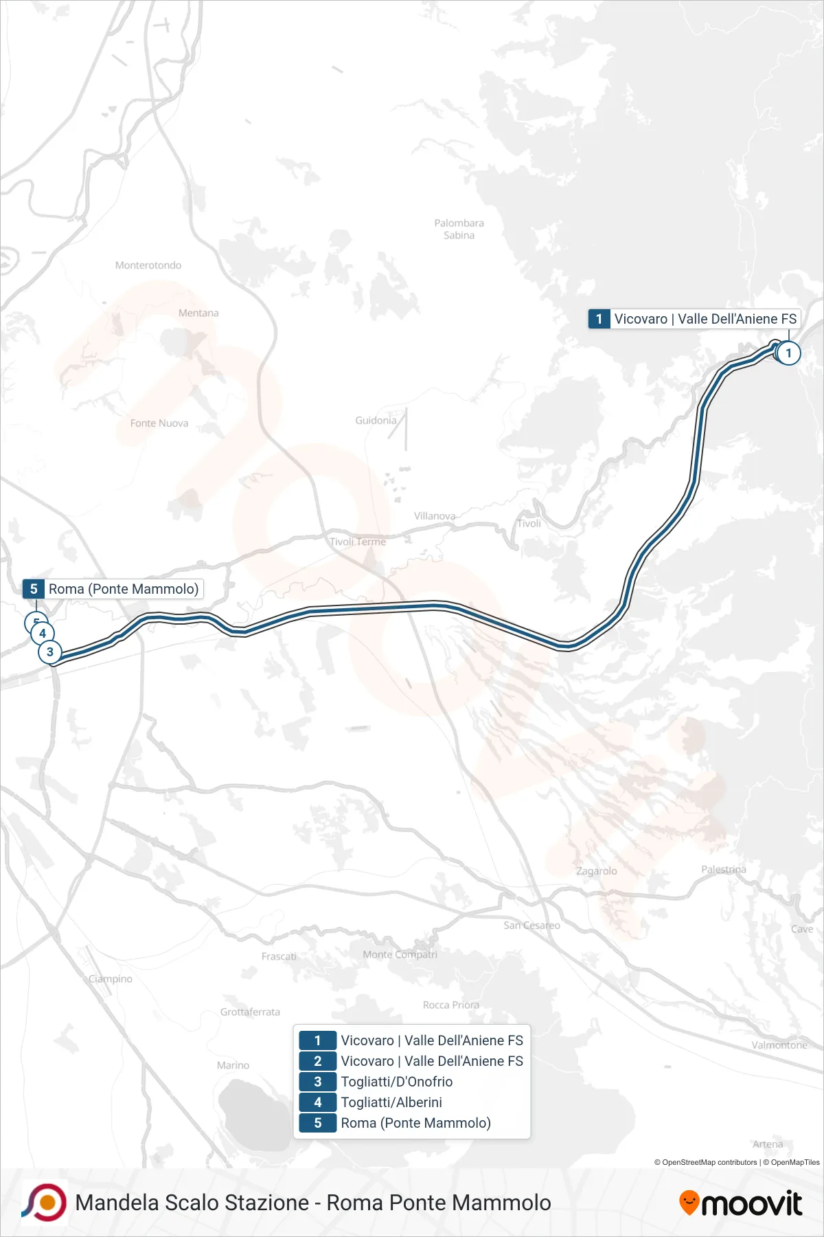 Linea COTRAL bus (Vicovaro | Valle Dell'Aniene FS→Roma (Ponte Mammolo)) - Percorsi e fermate sulla mappa