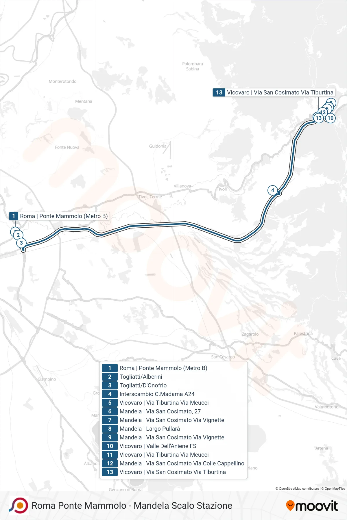 Linea COTRAL bus (Roma | Ponte Mammolo (Metro B)→Vicovaro | Valle Dell'Aniene FS) - Percorsi e fermate sulla mappa