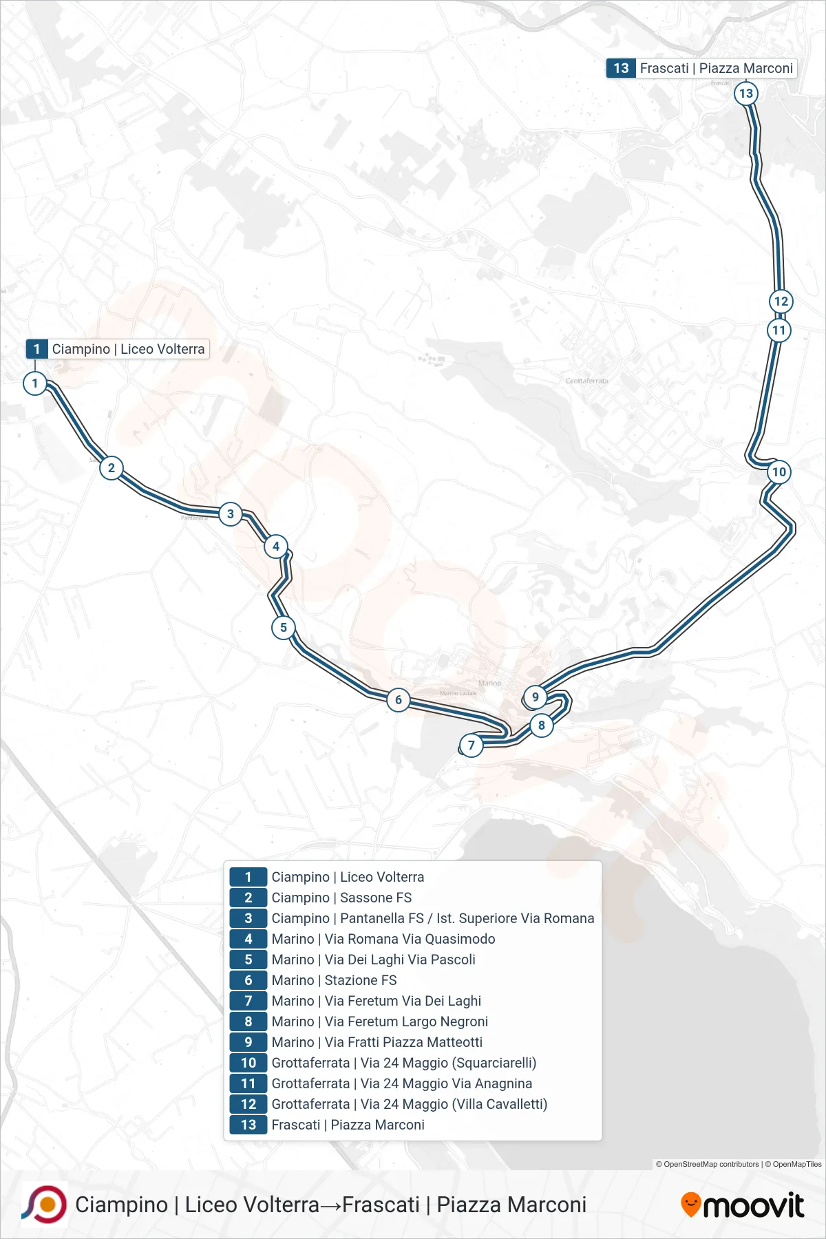 Linea COTRAL bus (Ciampino | Liceo Volterra→Frascati | Piazza Marconi) - Percorsi e fermate sulla mappa