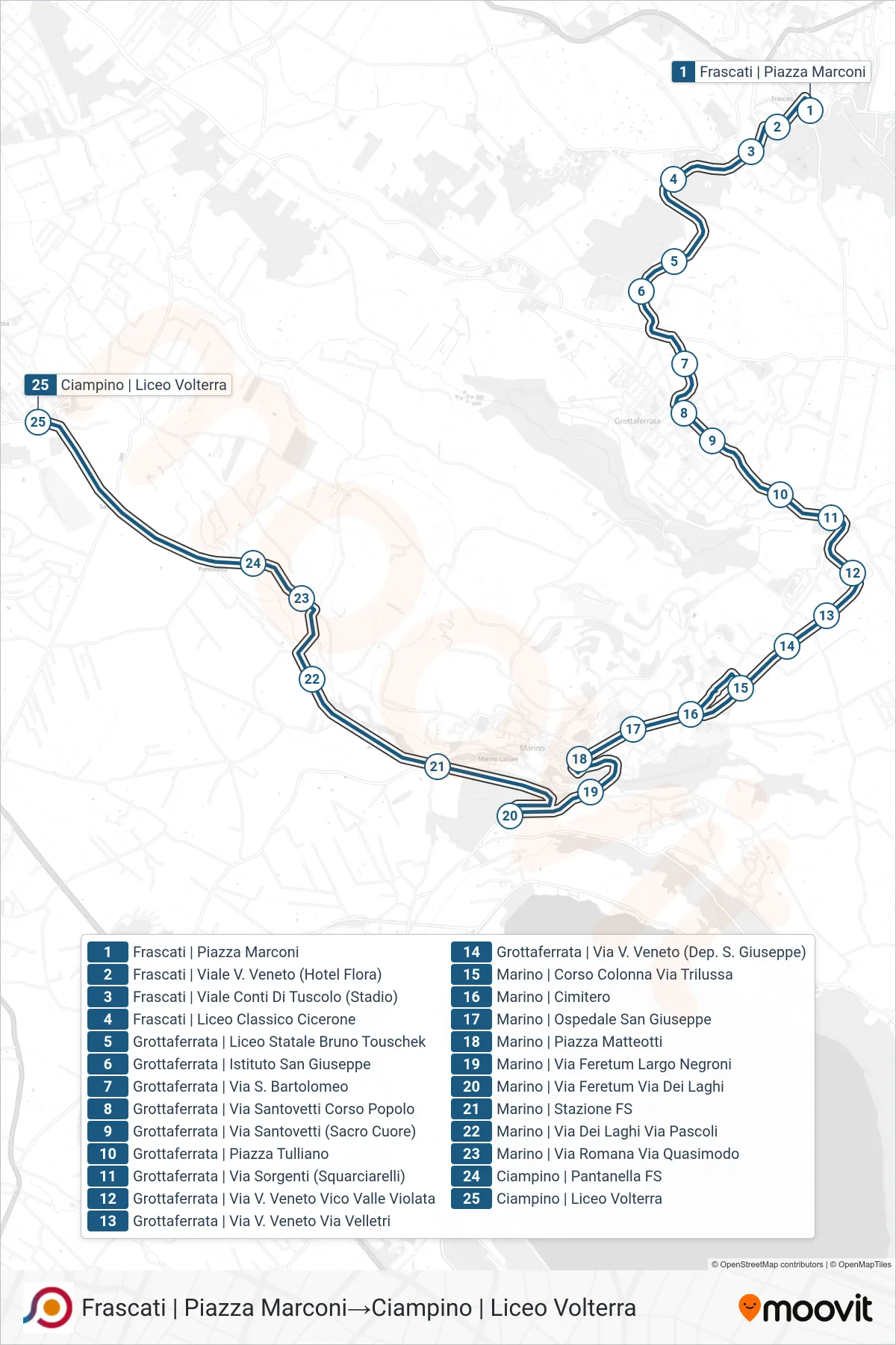 Linea COTRAL bus (Frascati | Piazza Marconi→Ciampino | Liceo Volterra) - Percorsi e fermate sulla mappa