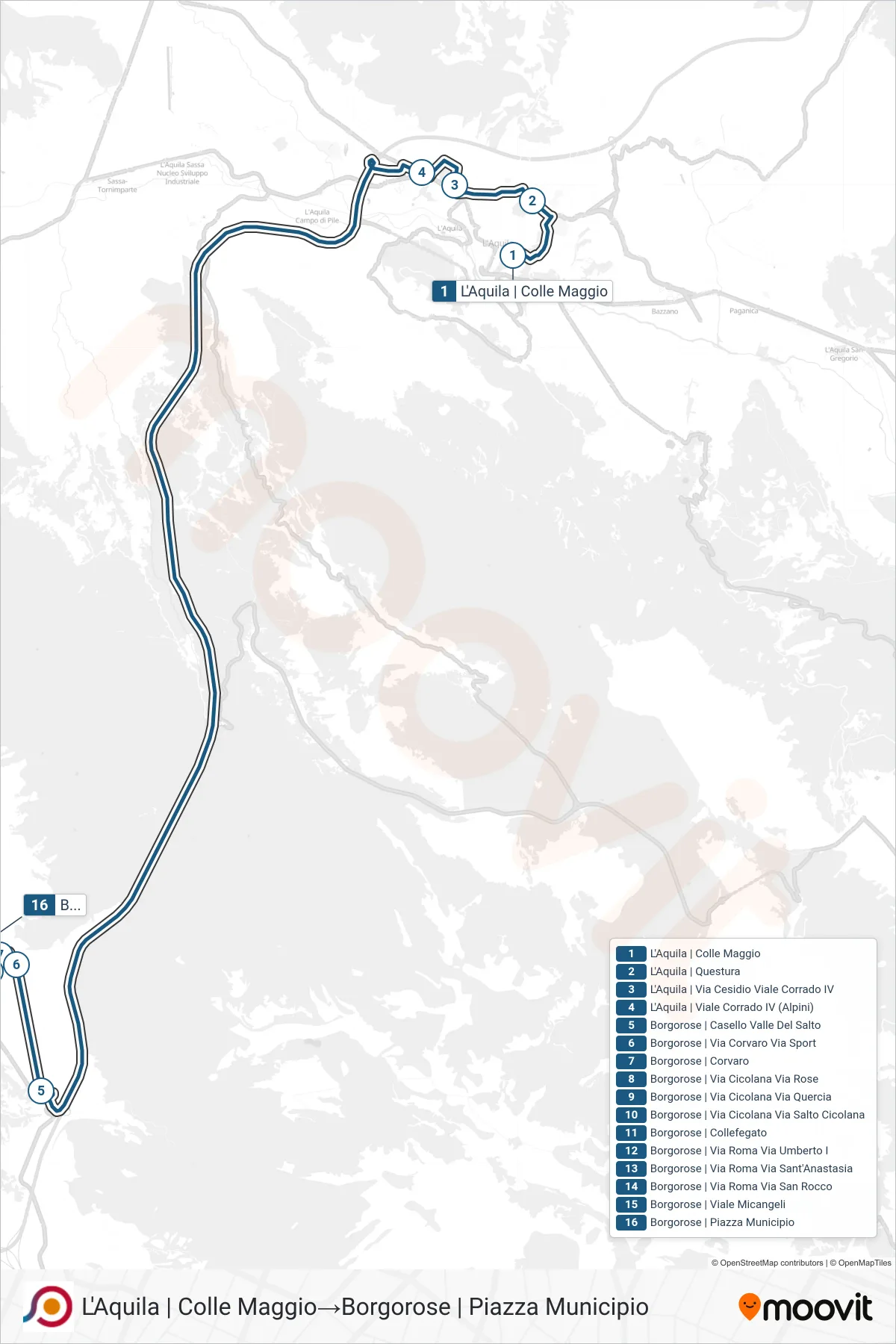Linea COTRAL bus (L'Aquila | Colle Maggio→Borgorose | Piazza Municipio) - Percorsi e fermate sulla mappa