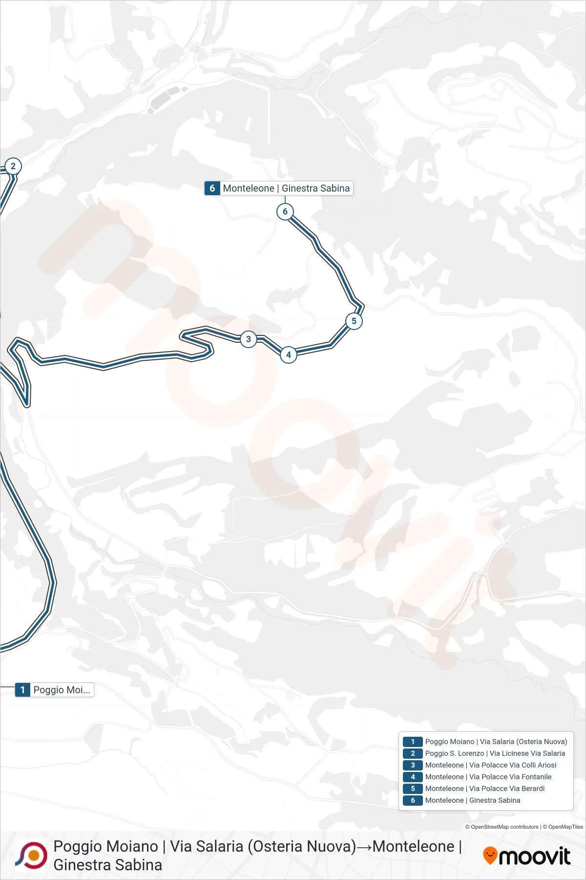 Linea COTRAL bus (Poggio Moiano | Via Salaria (Osteria Nuova)→Monteleone | Ginestra Sabina) - Percorsi e fermate sulla mappa