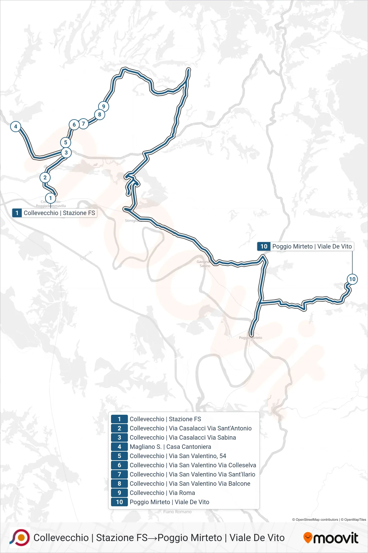 Linea COTRAL bus (Collevecchio | Stazione FS→Poggio Mirteto | Viale De Vito) - Percorsi e fermate sulla mappa