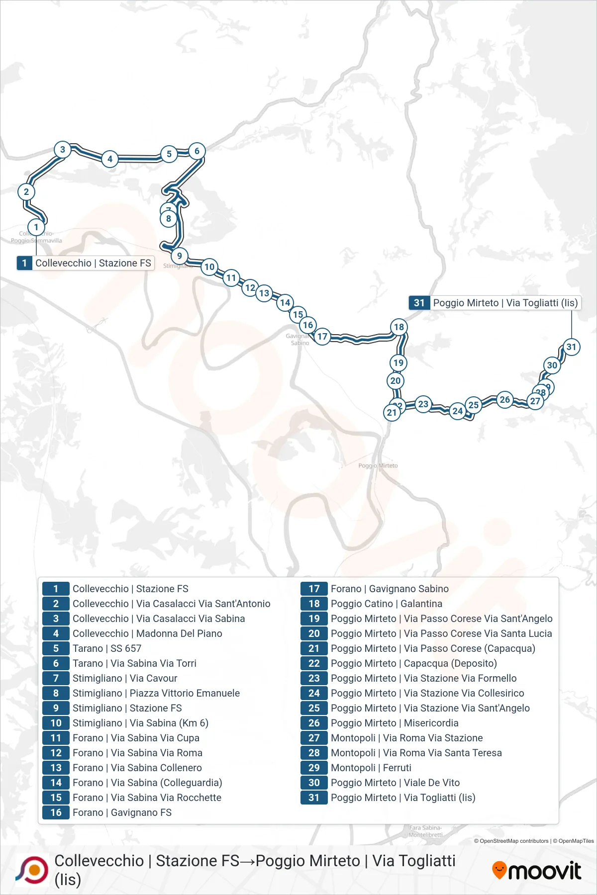 Linea COTRAL bus (Collevecchio | Stazione FS→Poggio Mirteto | Via Togliatti (Iis)) - Percorsi e fermate sulla mappa
