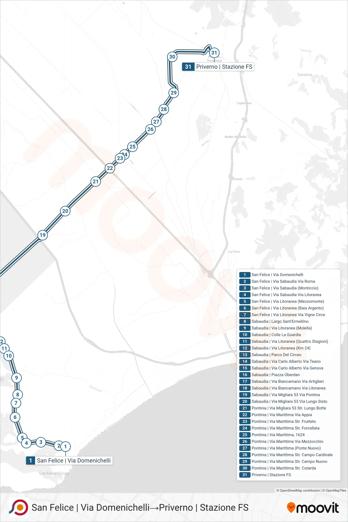 Linea COTRAL bus (San Felice | Via Domenichelli→Priverno | Stazione FS) - Percorsi e fermate sulla mappa