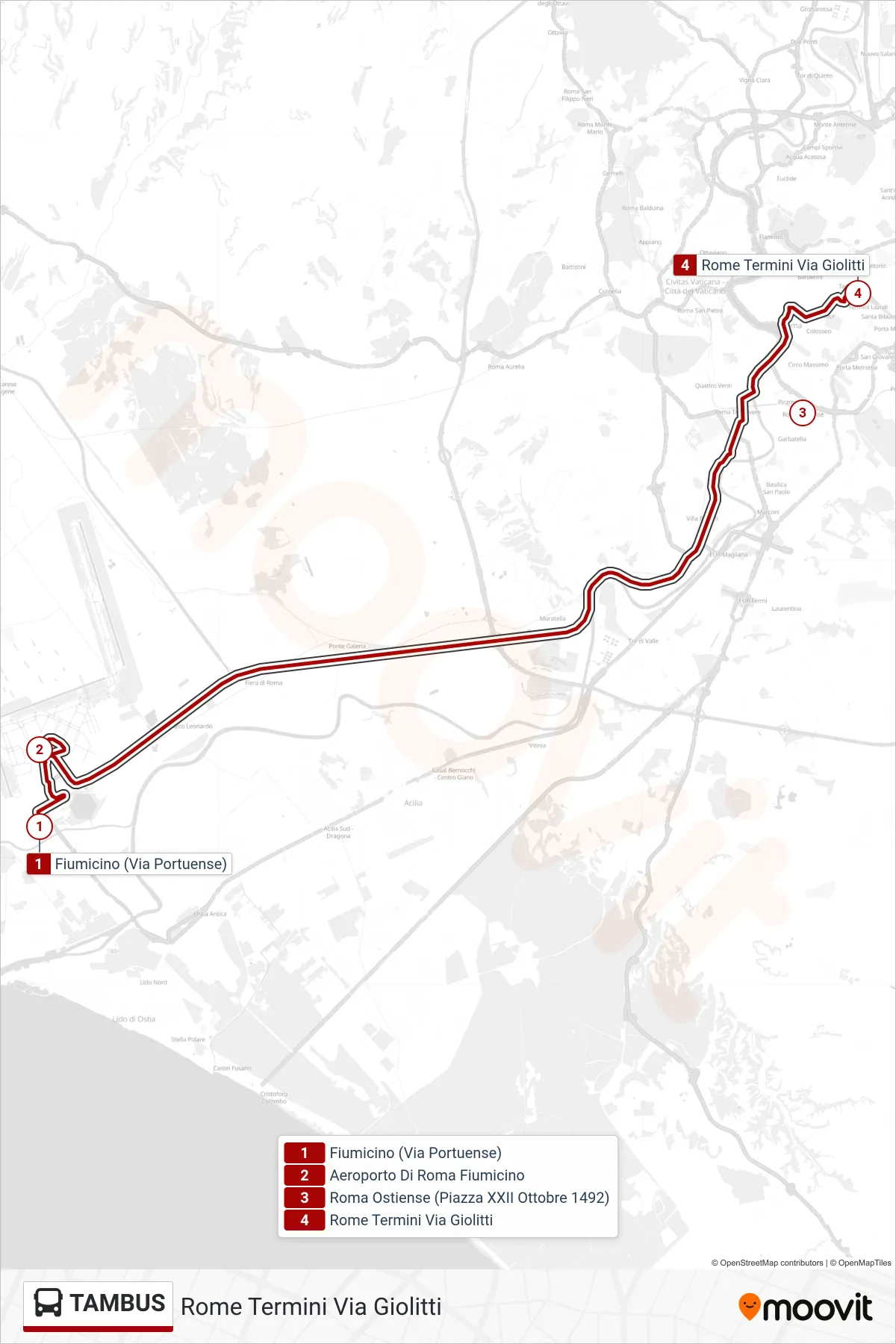 TAMBUS bus Line (Rome Termini via Giolitti) route and stops on a map