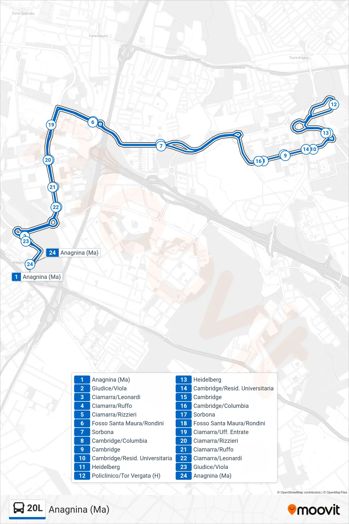 Linea 20L bus (Anagnina (Ma)) - Percorsi e fermate sulla mappa