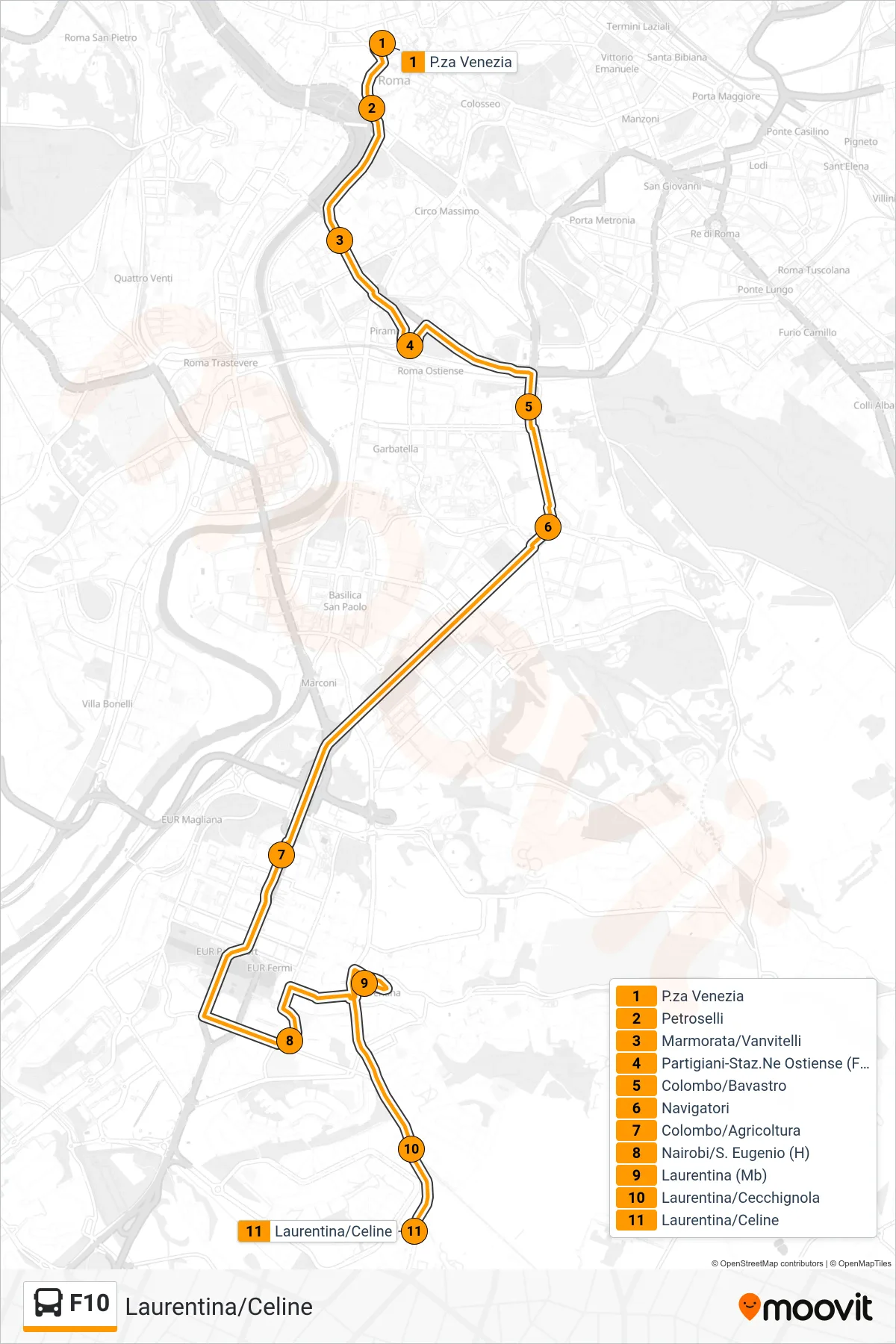 Linea F10  bus (Laurentina/Celine) - Percorsi e fermate sulla mappa