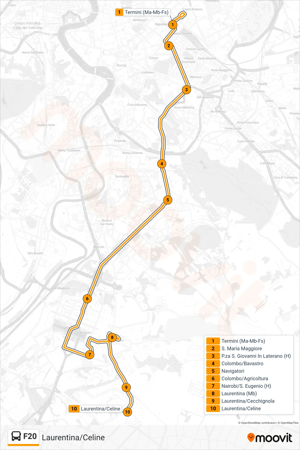 Linea F20 bus (Laurentina/Celine) - Percorsi e fermate sulla mappa