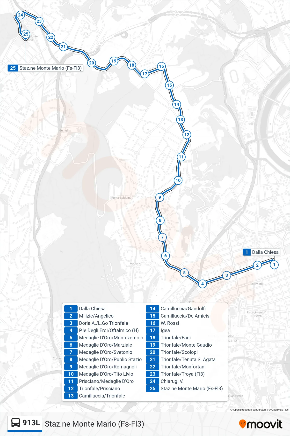 Linea 913L bus (Staz.ne Monte Mario (Fs-Fl3)) - Percorsi e fermate sulla mappa