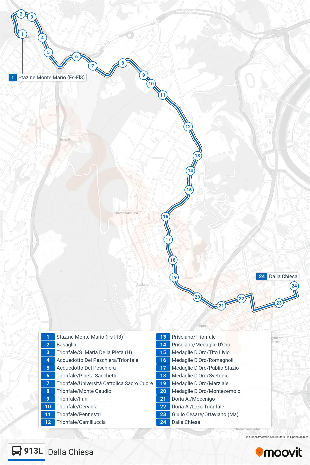 Linea 913L bus (Dalla Chiesa) - Percorsi e fermate sulla mappa