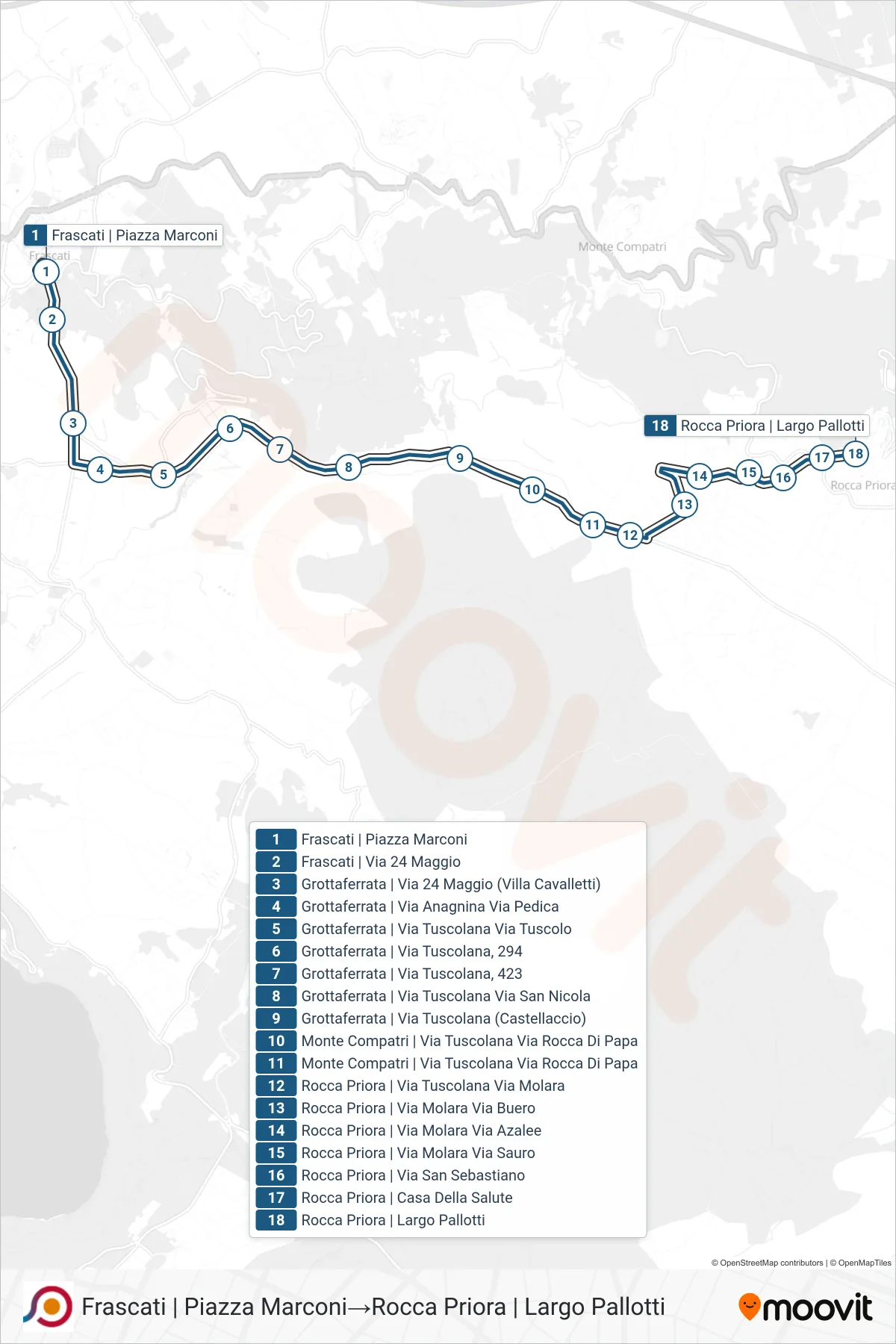 Linea COTRAL  bus (Frascati | Piazza Marconi‎→Rocca Priora | Largo Pallotti) - Percorsi e fermate sulla mappa