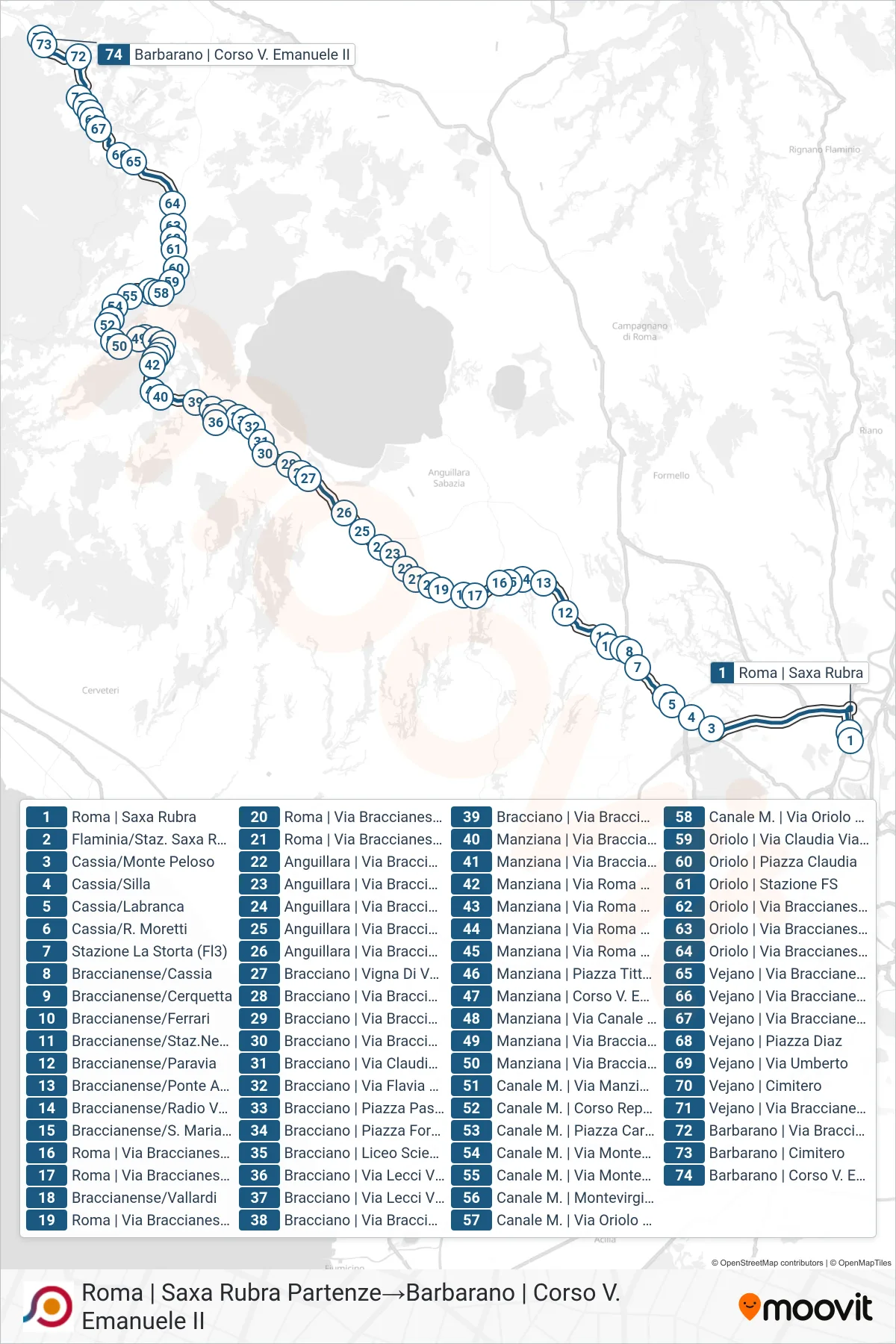 Linea COTRAL bus (Roma | Saxa Rubra Partenze→Barbarano | Corso V. Emanuele II) - Percorsi e fermate sulla mappa