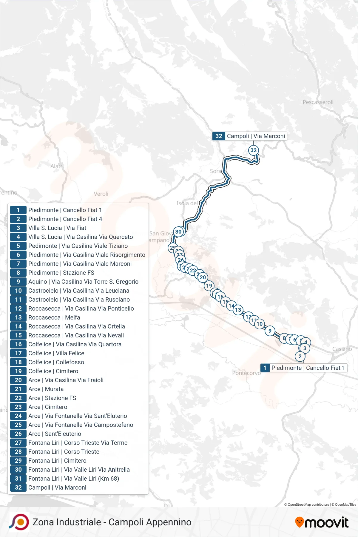 Linea COTRAL bus (Piedimonte | Cancello Fiat 1→Campoli | Via Marconi) - Percorsi e fermate sulla mappa