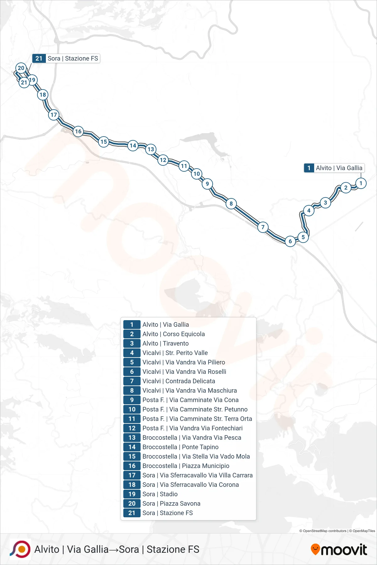 Linea COTRAL  bus (Alvito | Via Gallia‎→Sora | Stazione FS) - Percorsi e fermate sulla mappa