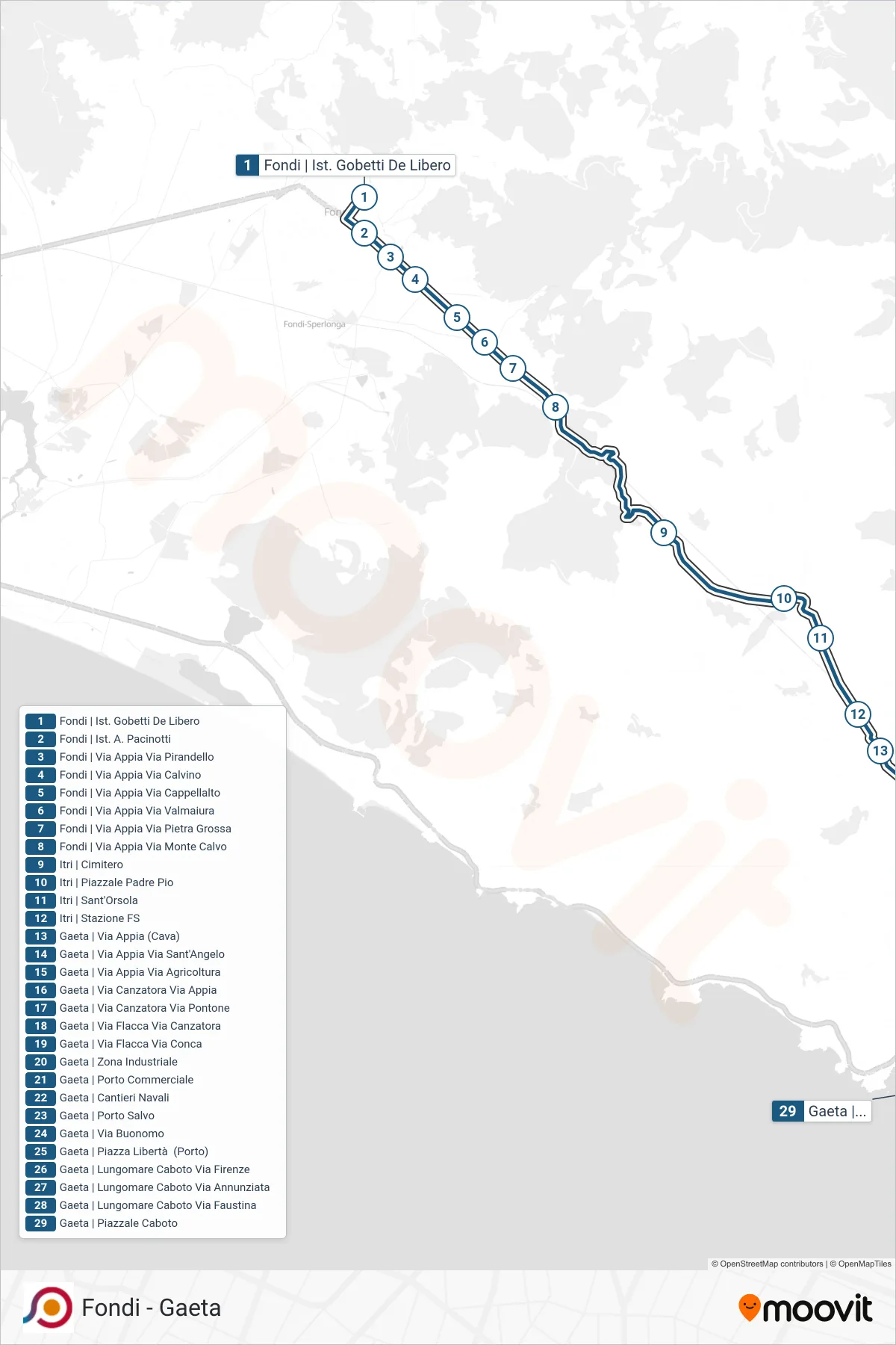 Linea COTRAL bus (Fondi | Ist. Gobetti De Libero→Gaeta | Piazzale Caboto) - Percorsi e fermate sulla mappa
