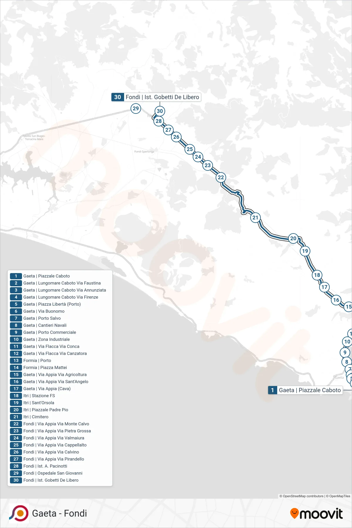 Linea COTRAL bus (Gaeta | Piazzale Caboto→Fondi | Ist. Gobetti De Libero) - Percorsi e fermate sulla mappa